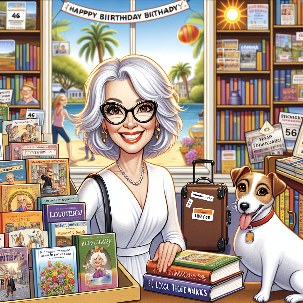 A lively and colorful cartoon birthday scene features a cheerful 46-year-old Caucasian woman with beautiful white shoulder-length hair and stylish eyeglasses. Exuding radiance, she stands in the center, a proud bookseller, surrounded by a scattering of classic novels in a charming typical Australian bookstore. The shelves behind her exhibit bookmarks promoting the local theater productions she cherishes. A playful and mischievous Jack Russell terrier peeks from behind a pile of books, adding a gentle touch of warmth to the surroundings. The background merges subtly into a sun-drenched park scene, a nod to the woman's dedication to charity walks. Next to her, a suitcase and travel tickets rest on the counter, signifying her thirst for venturing into unexplored territories.
Generated with these themes: Age 46 caucasian woman with white shoulder length hair and glasses, Bookseller, Australia, Theatre, Jack russell in the background, Charity walk, and Travel.
Made with ❤️ by AI.