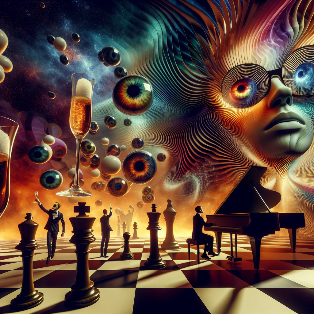 At the center of a intensely imaginative birthday universe, gravity-defying chess pieces move across hovering game boards. Distinctive eyewear of imaginative design decorates abstract visages, unusually large and continually changing. An enormous piano stretches throughout the environment, its tune merging harmoniously with the atmosphere. Cheers are made with sophisticated champagne flutes filled with amaretto and whiskey liquors, all acknowledged by party-goers attired in refined formal garments within a background of magical hues.
Generated with these themes: Chess, Specsavers, Piano, Disaronno, Jack Daniels, and Black Tie.
Made with ❤️ by AI.