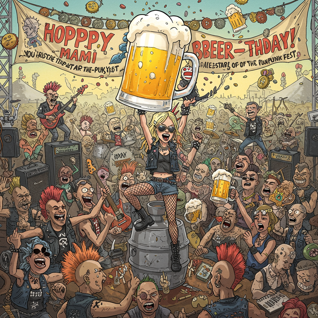 **Image Prompt (for an illustration-style image):**  

At the top of the illustration image, “Hoppy Beer-thday, MAMI – You’re the Ale-star of the Punk Fest!”

Create a vibrant and chaotic cartoon-style illustration set at a wild punk rock beer festival. The scene is filled with a massive crowd of eccentric characters — think Mohawks, leather jackets, band tees, and nose rings — all partying hard with oversized steins of frothy beer. In the center, highlight a blonde woman (MAMI) wearing sunglasses, fishnet tights, and a punk vest, triumphantly holding a giant foaming beer above her head like a trophy. She stands on a makeshift beer keg stage, clearly the queen of the celebration. Behind her, a punk rock band rages on, amps cranked up, and confetti made of beer caps flies through the air. Banners flutter with the phrase “Hoppy Beer-thday!” as foam splashes and people dance with inflatable guitars. The overall vibe should be humorous, anarchic, and ridiculously festive.
Generated with these themes: MANY PEOPLE AND IN THE MIDDLE A BLONDE WOMAN WITH A BEER, PUNK ROCK AND LOTS OF BEER FESTIVAL , and HAPPY BEER-THDAY.
Made with ❤️ by AI.