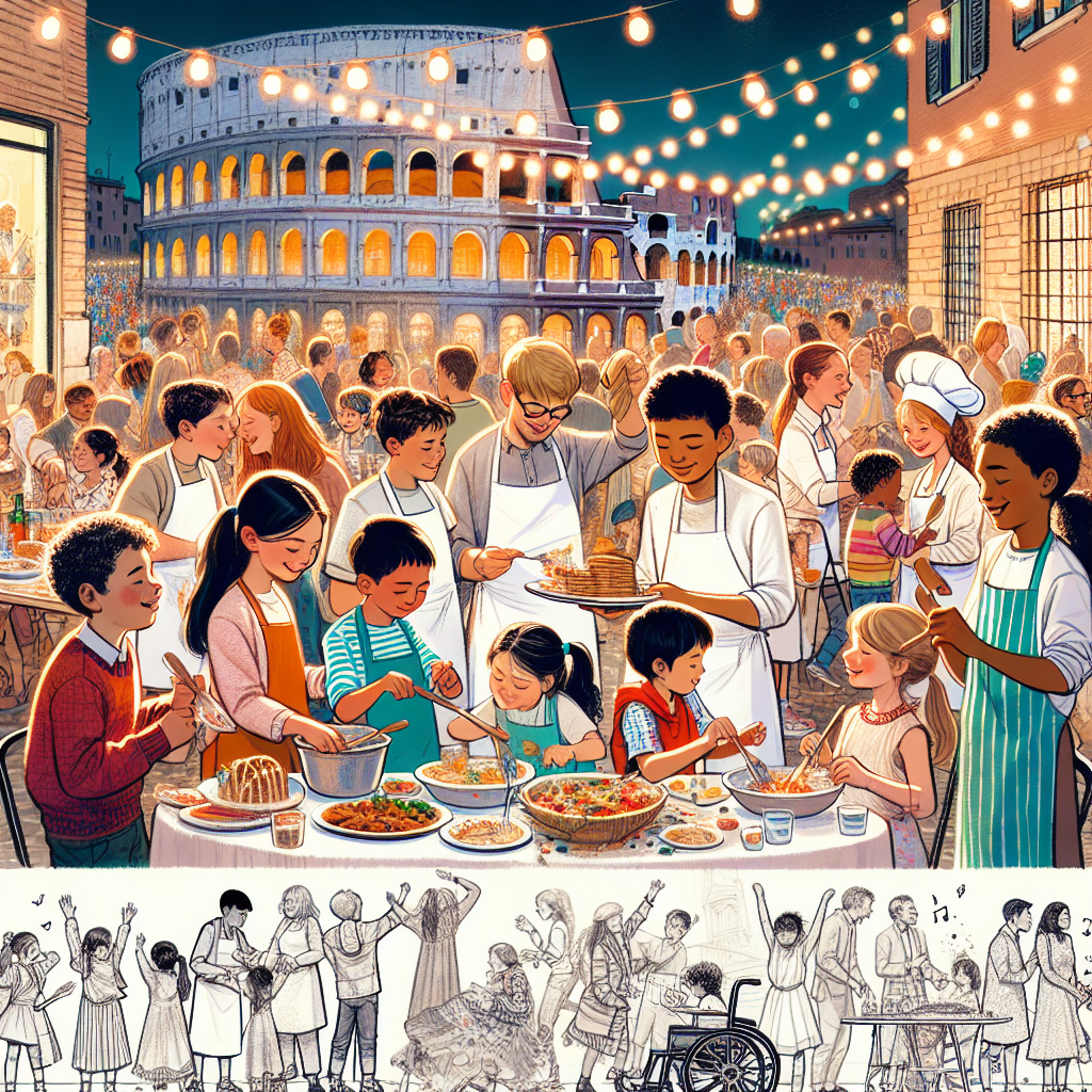 Create an image where a group of children are enjoying a birthday party in a filled Roman piazza during the evening. Under the illumination of dangling string lights, various kids, varying in descent such as Caucasian, Black, Hispanic, Middle-Eastern, South Asian, are seen wearing aprons and chef hats, diligently preparing a feast. Others are engaged in creating lively music and art, adding energy to the event. In the background, sketches of iconic Roman landmarks like the Colosseum and the Trevi Fountain provide a historical aesthetic. These sketches serve as a subtle reminder of the deep-rooted history of this lively city.
Generated with these themes: Art, Music, Food, Rome, and Kids.
Made with ❤️ by AI.