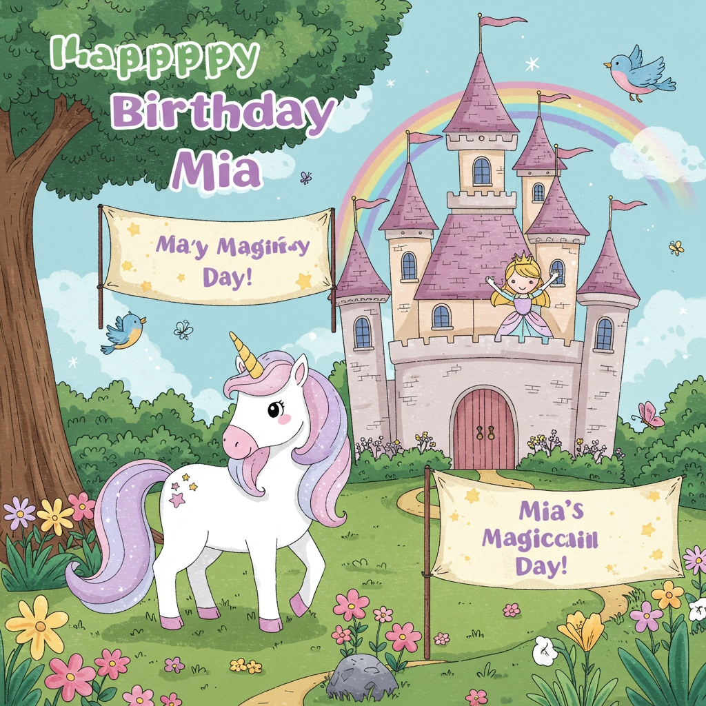 At the top of the Illustration Style image, place the text "Happy Birthday Mia" in a whimsical, fairy-tale inspired font.

Create a magical scene set in a lush, enchanted forest clearing. In the foreground, a charming unicorn with a shimmering, pastel-colored mane stands gracefully. The unicorn is adorned with a sparkling tiara that matches the twinkling stars in its eyes. Just behind the unicorn, a grand, majestic castle towers above the trees, its turrets reaching for the sky and banners fluttering in the gentle breeze.

Perched on a balcony of the castle, a joyful princess waves with excitement, her flowing gown matching the vibrant colors of the scene. The castle is surrounded by blooming flowers and fluttering butterflies, creating a sense of wonder and enchantment.

In the sky, a rainbow arches over the scene, adding a splash of cheerful colors. A small banner is held aloft by two friendly bluebirds, displaying the playful text "Mia's Magical Day!" in an elegant script. The entire illustration is infused with warmth and joy, capturing the essence of a perfect birthday celebration.
Generated with these themes: Unicorns, Castle, Princess, and .
Made with ❤️ by AI.