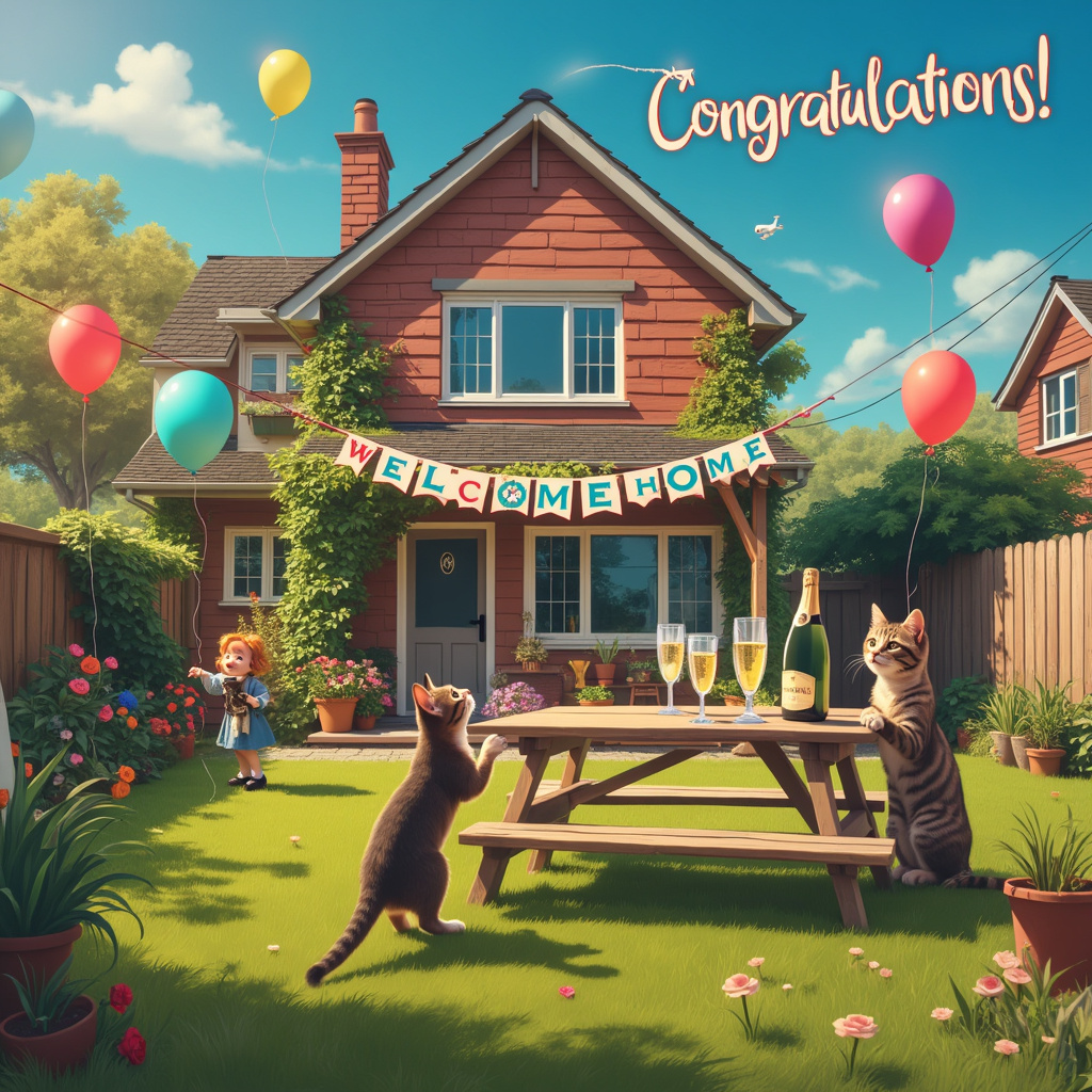 The scene is set in the cozy backyard of The Lisks' brand-new home. In the foreground, two playful tabby cats are batting at colorful balloons that float just above the lush green grass. One cat, with a mischievous glint in its eye, is perched on a wooden fence, trying to swat at a balloon that has "Congratulations" written in bright, bold letters. 

A rustic wooden table is set up nearby, draped with a vibrant, celebratory bunting that reads, "Welcome Home!" in alternating shades of red and blue. The table is adorned with a chilled bottle of champagne, mid-pop, with golden liquid sparkling and frothing from the top. Flanking the bottle are two crystal champagne flutes, delicately catching the sunlight. 

In the background, The Lisks' new home stands proudly, a charming two-story house with ivy climbing up its brick facade. Above the house, the sky is a perfect cerulean blue, with fluffy white clouds gently floating by. Spelling out "The Lisks" in skywriting is a small airplane, adding a whimsical touch to the scene. 

Balloons of various shapes and sizes are tied to the porch railing, swaying gently in the breeze, while a banner strung above the front door reads, "Congratulations on Your New Home!" 

In the garden, well-wishers have left potted plants and flowers, adding splashes of color and life to the scene. A garden gnome, holding a tiny banner with "Cheers!" written on it, peeks out from behind a blooming rose bush, adding a quirky, whimsical element. 

Every detail, from the tabby cats to the skywriting, comes together to create a vibrant, celebratory scene that uniquely congratulates The Lisks on their new home.
Generated with these themes: New Home, Two Tabby cats, Champagne, Congratulations, Balloons, and Bunting.
Made with ❤️ by AI.