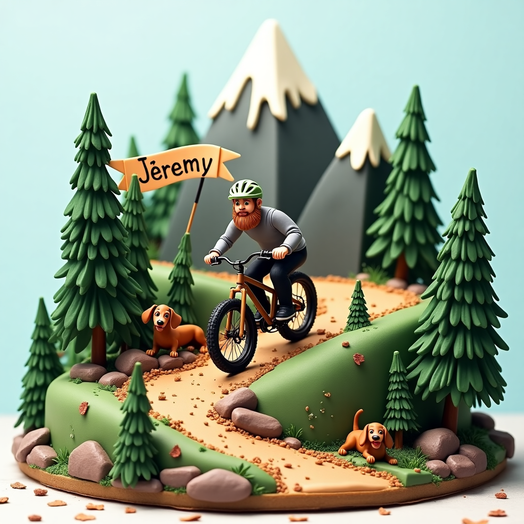 Front Cover Design Description:

In the center of the greeting card, create an imaginative and detailed hand-drawn illustration of a fondant-covered birthday cake. The cake is sculpted into a mountainous landscape, teeming with towering pines, rugged terrains, and winding trails. The fondant should resemble earthy tones with shades of dark green and brown to mimic a natural mountain setting.

1. **Mountain Biker**: Place a miniature, highly detailed mountain biker descending the cake’s trail at full speed. He is at the forefront, a focal point in the scene. Illustrate him wearing a grey long-sleeve shirt, black pants that taper at the ankles, and black Vans shoes. His light green helmet is securely fastened, and he sports a not-too-long beard. His khaki mountain bike is in full throttle mode, maneuvering the uneven surfaces of rocks, dirt, and scattered leaves. Capture the dynamic movement, with the bike slightly tilted as he navigates a bend.

2. **Dachshund Dog**: Nestled behind a rock in the cake's landscape, illustrate a small brown, long-haired dachshund dog peeking mischievously. Its shiny, detailed fur and expressive eyes are visible, adding a whimsical touch to the scene.

3. **Landscape Details**: The fondant mountains should be dotted with lush, detailed pines of varying heights. Add texture to the mountains with ridges and valleys that mimic real terrain. Scattered along the trails, incorporate realistic fondant rocks, leaves, and patches of dirt to emphasize the adventure theme.

4. **Background Elements**: The sky above the cake should be a gradient of soft blue to indicate a clear day, possibly with wisps of white fondant clouds. The top edge of the cake can fade into a subtle snowy peak, suggesting higher altitudes.

5. **Text Element**: Integrate the name "Jérémy" creatively within the scene. Consider placing it on a banner that the mountain biker is racing toward, draped between two pine trees. Ensure the font is bold and playful to match the adventurous theme.

The overall composition should be rich in detail and carry an illustrative style reminiscent of classic illustrators like Beatrix Potter or Quentin Blake, with the adventurous spirit of N.C. Wyeth and the intricate detailing akin to Arthur Rackham. Use the charm of Edward Gorey's intricacy without its darker tone. The card should be an inviting visual feast, offering surprises in its details, akin to Maurice Sendak's whimsical storytelling through imagery.
Generated with these themes: Create an image of a fondant-covered birthday cake that has been skillfully sculpted to resemble a mountain landscape with pines, the scene of an exciting mountain biking adventure. A  miniature highly detailed mountain biker descends the trail on the cake at full speed on his kaki mountain bike. Put him in the center of the cake. He is maneuvering an uneven surfaces made of rocks, dirt and leafs. He is wearing a grey long sleeve shirt, black pants that goes to his angle, black Vans shoes and a light green helmet. He has a not too long beard. Add in the mountain landscape, as a wink, a small brown detailed long hair dachshund dog, hiding with mischief behind a rock..
Made with ❤️ by AI.