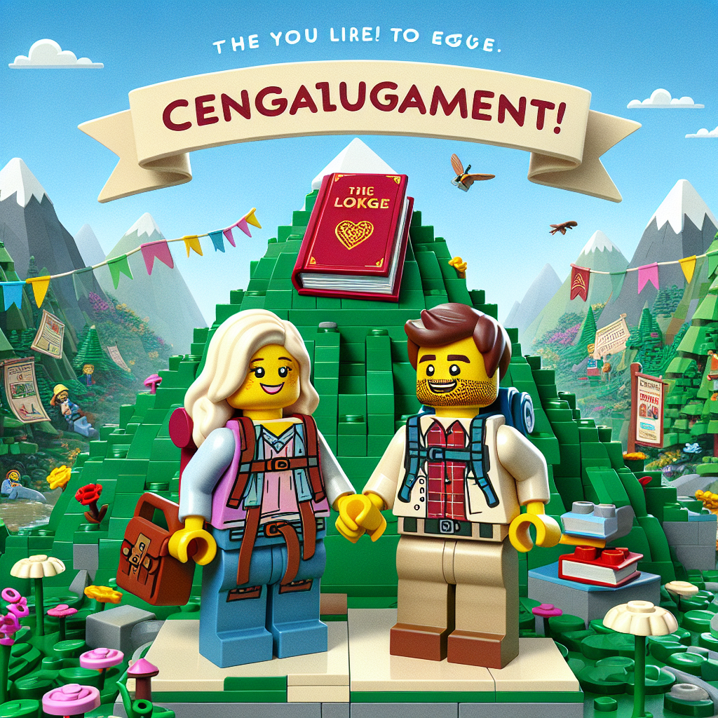 In this delightful cartoon, a Caucasian blonde woman and a Hispanic brunette man stand hand in hand, surrounded by a whimsical LEGO landscape that tells the story of their engagement. The couple, clad in their hiking gear and with backpacks on, celebrate their accomplishment at the pinnacle of a book-shaped mountain, hinting at their joint passion for reading. A congratulatory banner flutters in the background, adding a festive element to the entrancing scene. This charming visual narrative filled with love, adventures, and literary charm is brimming with detail and color.
Generated with these themes: Hiking, Engaged, Lego, Books, and Blonde woman and brunette man.
Made with ❤️ by AI.