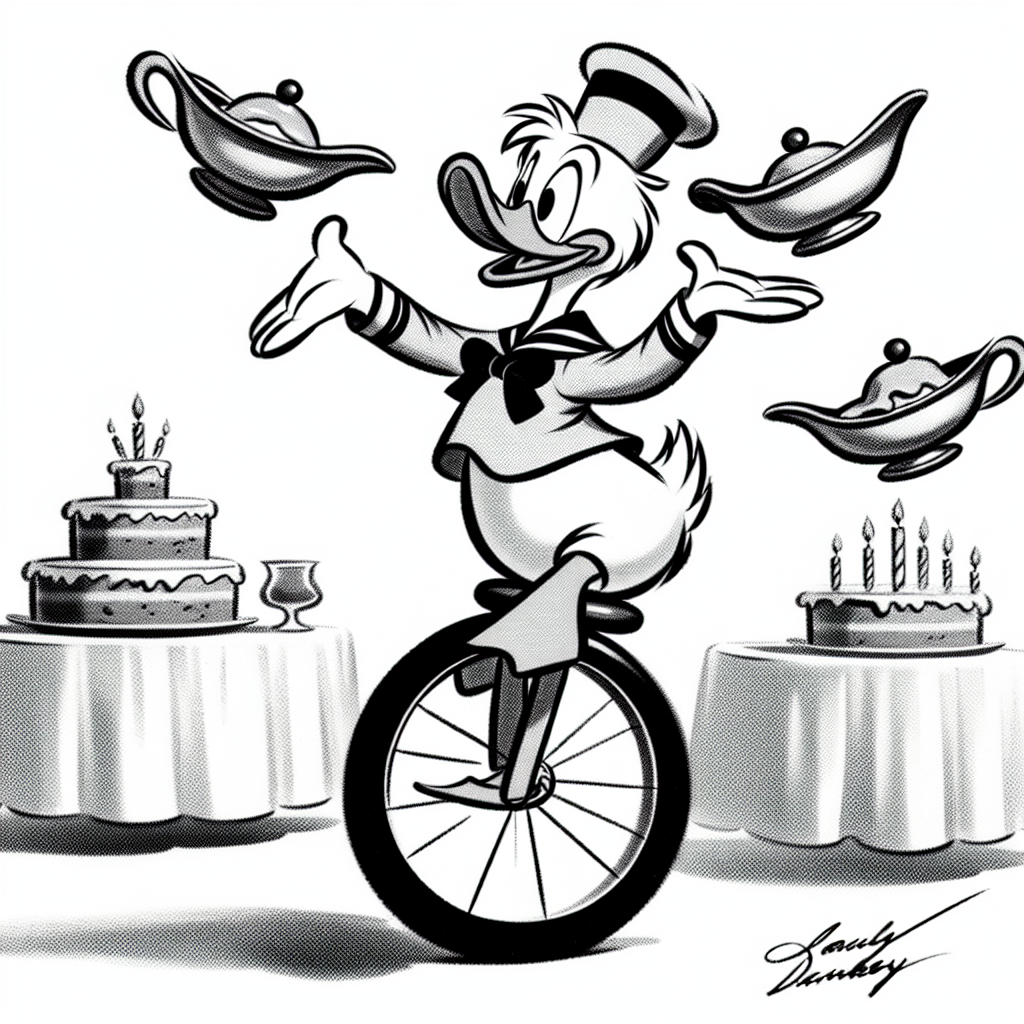 In a playful black and white sketch, a yellow-feathered anthropomorphic duck sports a sailor suit much like a classic cartoon character. He is at a birthday party, precariously balanced on a unicycle, attempting to juggle gravy boats instead of balls. The image captures the whimsy and charm of early animated cartoons, giving a touch of nostalgia from the classic era of animation.
Generated with these themes: Disney, Gravy, and Black and white.
Made with ❤️ by AI.