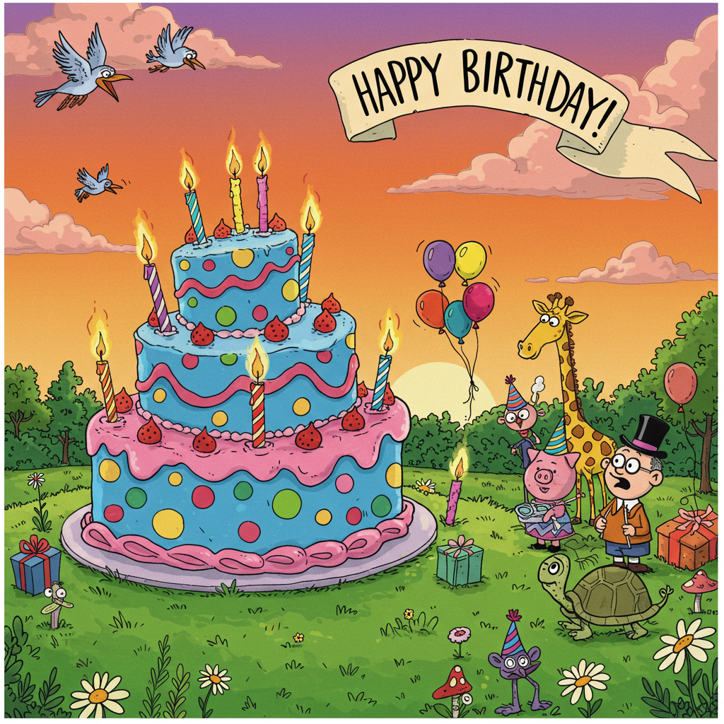 The scene is a lively and bustling birthday party, set in a vibrant, cartoonish park with a giant birthday cake as the centerpiece. The cake is an oversized, tiered creation, frosted in electric blue with large, exaggerated swirls of neon pink and lime green. Each layer has colorful polka dots in primary colors: red, yellow, and blue, echoing a Charles Schulz aesthetic.

Surrounding the cake are whimsical, oversized candles, each with a wild, dancing flame that appears almost alive, resembling a Walt Disney animated flourish. The cake sits atop a lush, bright green grassy hillock, dotted with tiny daisies and cartoon mushrooms, reminiscent of Osamu Tezuka's attention to imaginative landscapes.

To the right of the cake, a group of anthropomorphic animals, in the style of Gary Larson's The Far Side, are in party mode: a giraffe wearing a top hat and monocle, a pig in a tutu holding a bunch of helium balloons, and a turtle wearing a party hat too large for its small head. The balloons are a mix of wild, eccentric shapes, from a star to a comically exaggerated lightning bolt.

In the background, a sky of gradient oranges and purples from a setting sun, reminiscent of Hergé's clean lines and vivid colors, stretches across the card. A large, whimsical banner fluttering in the wind, styled like Bill Watterson's Calvin and Hobbes surreal moments, reads “Happy Birthday!” in bouncy, cartoon letters.

Hidden in the clouds, in playful, swirling script as if sketched by Winsor McCay, is the name "Judge Lowney," subtly peeking through in the sky, almost as if part of the natural cloud formations. Nearby, birds from an Art Spiegelman-esque world, with exaggerated beaks and expressive eyes, circle playfully, each adorned with a party hat.

On the ground, a stylized, wooden signpost reminiscent of Will Eisner's detailed urban settings, points to different fantastical locations such as “Balloon Forest” and “Confetti Falls,” adding a touch of R. Crumb’s underground comix adventure spirit.

Overall, the scene is a riot of colors and exaggerated features, combining elements of classic cartoonists and comic book artistry to create a unique and engaging birthday card cover.
Generated with these themes: Happy Birthday!.
Made with ❤️ by AI.