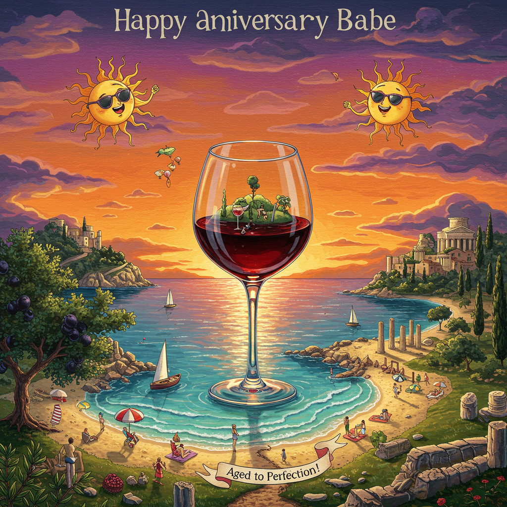 Corfu, sun, glass of wine, and Anniversary Card