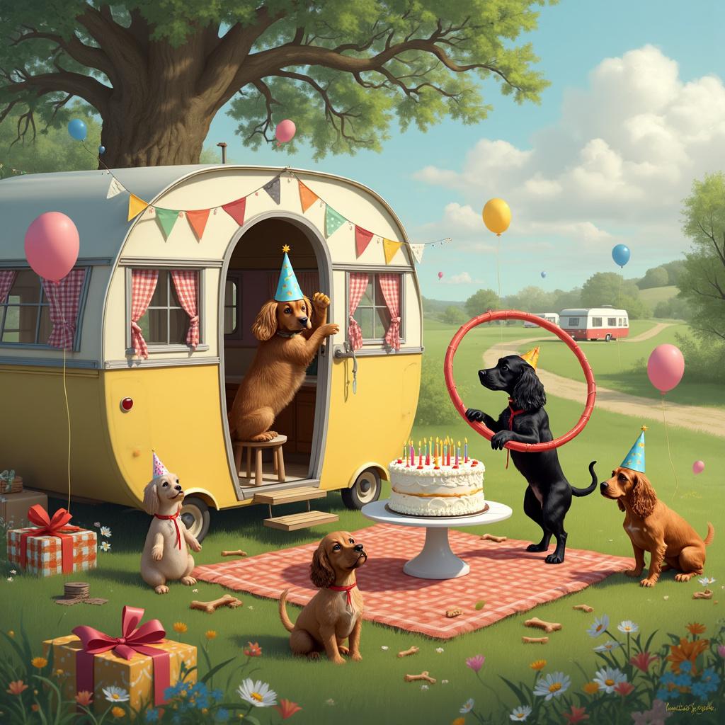 In this whimsical birthday scene, imagine a charming caravan parked in a lush, verdant meadow speckled with wildflowers. The caravan is a delightful vintage model, painted a cheerful pastel yellow with white trim and festooned with multicolored bunting that flutters in the breeze. The door is open, revealing a cozy interior with gingham curtains and a teapot perched on a small table. 

Outside the caravan, a group of mischievous cocker spaniels is in the midst of a joyous birthday celebration. One particularly plucky cocker spaniel, with caramel-colored fur and a floppy ear that stands out at an amusing angle, is perched on a stool, wearing a comically oversized party hat decorated with polka dots and a tassel. This cocker spaniel is attempting to blow out candles on a large, extravagant birthday cake placed on a picnic table. The cake is layered and frosted with thick swirls of icing, topped with brightly colored candles and adorned with tiny edible dog bones.

Another spaniel, with a glossy black coat, is playfully balancing on a bright red unicycle, juggling dog biscuits while a third spaniel, a sprightly liver-and-white beauty, performs an impressive backflip through a hoop made of sausages held by a fourth spaniel with a golden coat. This fourth spaniel stands on its hind legs, expertly steadying the hoop with a look of focused determination.

Around the picnic table, there are colorful presents wrapped in vibrant paper with bows and ribbons, and some are already being mischievously nosed open by curious puppies. There’s also a string of fairy lights hanging from the caravan to a nearby tree, casting a soft, magical glow over the scene. Balloons in various shapes and colors are tied to the table and nearby trees, some bobbing in the breeze.

In the background, a gentle, rolling hill provides a serene backdrop, with a distant hint of other caravans parked under the shade of grand, ancient oak trees. A small, winding path leads away from the scene, suggesting further adventures to be had.

This scene should be illustrated in a detailed, yet slightly whimsical style that draws on the storytelling elements of artists like Maurice Sendak and Quentin Blake, with the lush, richly textured background inspired by the likes of Arthur Rackham and Beatrix Potter. The cocker spaniels should be expressive and full of character, capturing their playful and spirited nature.
Generated with these themes: Cocker spaniels, and Caravanning.
Made with ❤️ by AI.
