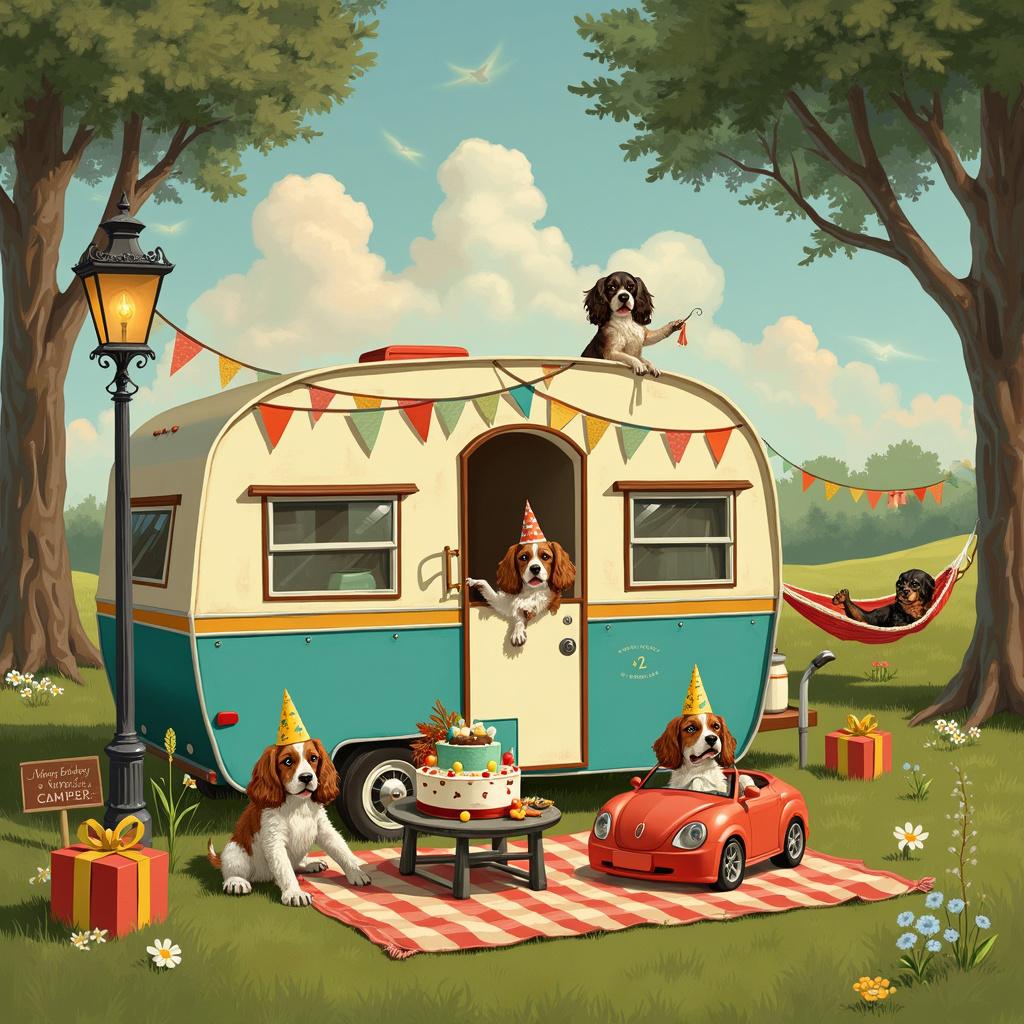 In the center of the scene is a charming, vintage caravan parked in a lush, grassy meadow, evoking a Norman Rockwell sense of idyllic Americana with a twist of Maxfield Parrish's vivid colors. The caravan, adorned with colorful bunting, has a retro design with teal and cream stripes and whimsical flower patterns reminiscent of Beatrix Potter's delicate touch. 

In front of the caravan, a playful group of cocker spaniels are at the heart of the action. One spaniel is driving a miniature, makeshift cardboard car that looks hilariously like a tiny version of the caravan itself, complete with hand-drawn windows and wheels. This little driver wears a birthday party hat that’s slightly askew, channeling Quentin Blake’s joyful chaos.

Nearby, another cocker spaniel sits at a small folding picnic table set with a mini birthday cake that looks like a caravan, expertly crafted and vividly decorated with fondant details. The spaniel is reaching for a slice, its paw hovering just above the cake. There are a couple of presents wrapped in bright paper, one of which has been torn open to reveal a chew toy shaped like a caravan wheel.

To the left, an old-fashioned, ornate lamppost straight out of an Edward Gorey illustration stands tall with a sign hanging from it that reads, “Happy Birthday, Camper!” in a fun, curly script. Behind the lamppost, a couple of wildflowers inspired by Arthur Rackham’s botanical illustrations add a touch of nature's elegance.

In the background, Maurice Sendak-inspired trees form a cozy grove, with a hammock strung between two of them, sagging slightly under the weight of a cocker spaniel lounging in it with a pair of sunglasses on its nose, channeling a sense of leisurely celebration. A Gustave Doré-like detailed sky shows an array of clouds in various whimsical shapes, one looking remarkably like a bone.

To the right, a cocker spaniel is peeking out of the caravan's window, waving a tiny flag that reads, "Barkday Bash!" The door of the caravan is open, and you can see a glimpse of its interior filled with cushions, toys, and other cozy elements, inviting the viewer to imagine the cozy life within, inspired by the intricate, homely details of N.C. Wyeth.

Every element of the scene is meticulously crafted, creating a playful, whimsical tableau that celebrates both the joys of caravanning and the delightful antics of cocker spaniels, making it a uniquely memorable birthday greeting.
Generated with these themes: Cocker spaniels, and Caravanning.
Made with ❤️ by AI.