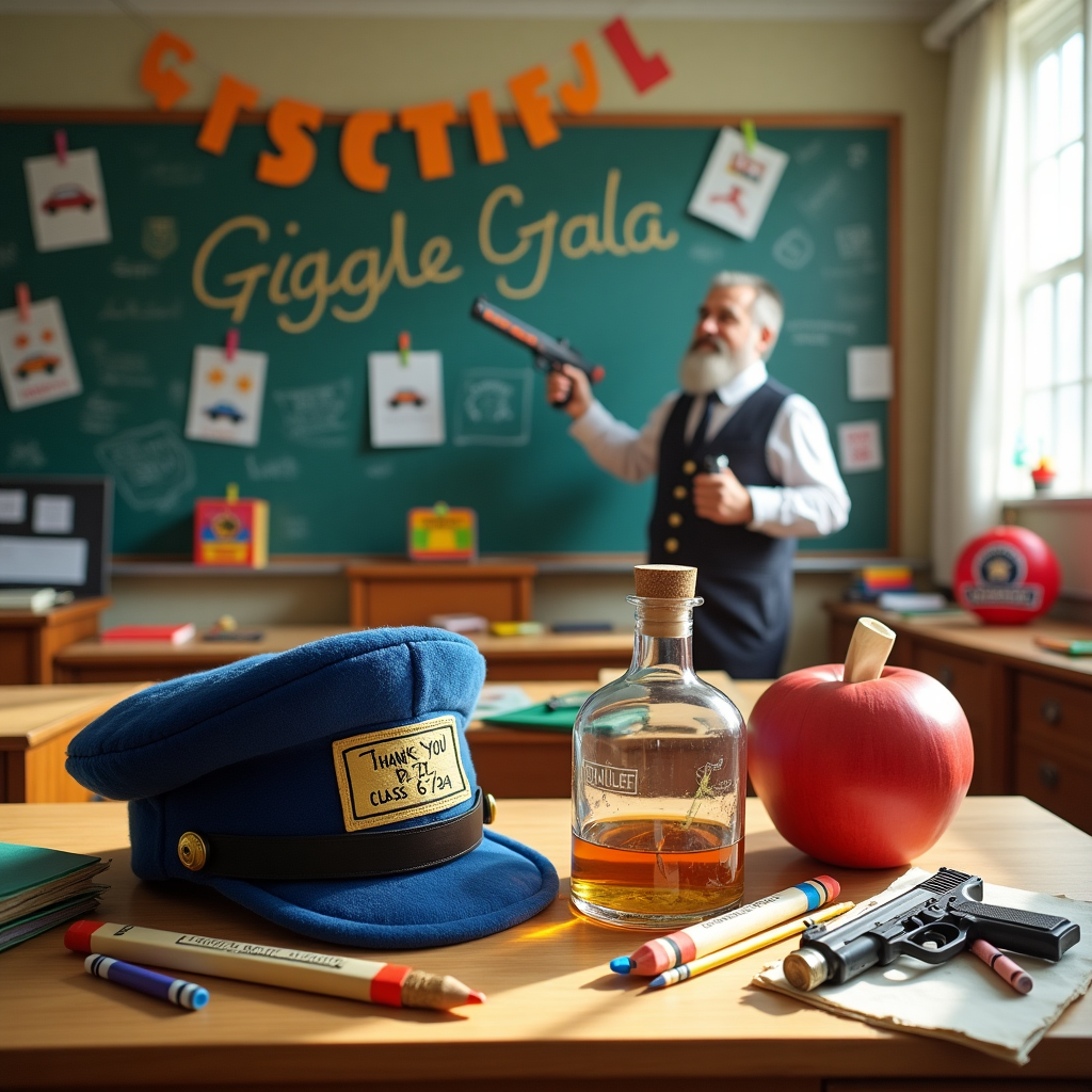 The scene unfolds in a bustling classroom turned quirky celebration venue. At the center of the image, a large vintage wooden desk serves as the centerpiece, covered with an eclectic mix of teacher's supplies and unexpected party items. Perched on the desk, a plush, stuffed police officer's hat with the inscription "Thank you PC Crawford! Class 6 3/24" prominently embroidered in gold thread across the front, catches the eye. Next to it, a glass decanter filled with amber whiskey glistens in the sunlight streaming through the classroom window. Several small, intricate toy guns are scattered among the chalks and pencils, harmlessly aiming at the ceiling as if part of a playful diorama.

Above the desk, colorful construction paper letters spell out "Grateful Giggle Gala!" dangling from a clothesline strung across the room. On the chalkboard behind the desk, a creatively drawn caricature of PC Crawford holding a whiskey tumbler and a large pencil in each hand is depicted, standing heroically like a comic book character, with an oversized textbook shield on his back. Students' crayon drawings of police cars and teachers are pinned up, creating a collage of vibrant, youthful art.

In the far corner, a large paper-mâché apple, with the barrel of a toy gun peeking through its surface, adds an element of surprise to the scene. The room is filled with whimsical touches, like paper airplanes adorned with police badge stickers and origami whiskey barrels. Each detail of this curious classroom scene weaves a tale of gratitude with a blend of law enforcement flair, education, and playful imagination.
Generated with these themes: Whiskey , guns , police , Teacher.
Made with ❤️ by AI.