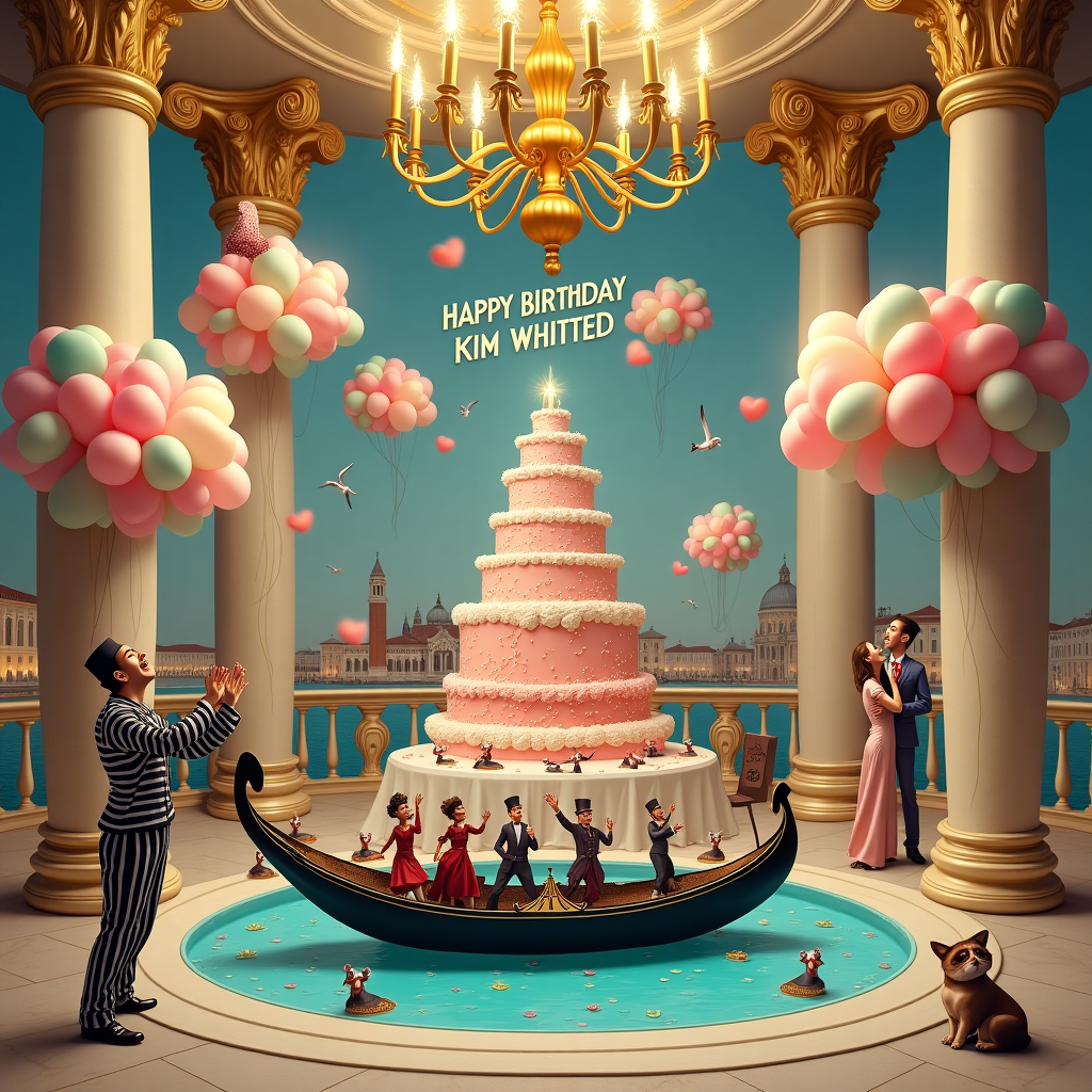 In this whimsical and hilariously surreal birthday card design, envision the opulent grandeur of a Venetian hotel lobby transformed into a chaotic birthday bash. Picture a grand marble-floored space with towering columns, dripping with golden chandeliers that resemble over-the-top, multi-tiered birthday cakes. In the center of this lavish scene, there's a gondola, comically out of place, as it glides across a "canal" made entirely of frosting and sprinkles. Inside the gondola, a party of life-sized marzipan figurines dressed as gondoliers sing a boisterous version of "Happy Birthday," their mouths wide open and cheeks stuffed with glittery confetti. 

Around the perimeter of the room, a series of extravagant birthday cakes are precariously balanced atop ornate Venetian masks, with each cake tier depicting a different landmark of Venice—from the Rialto Bridge to St. Mark’s Basilica, only here, they are miniaturized and made of colorful fondant. To the left, a mime, dressed in classic black and white stripes, juggles balloons shaped like gondolas, his facial expressions frozen in an exaggerated, comic surprise. 

Hovering just below the ceiling, clouds of pastel balloons spell out "Happy Birthday Kim Whitted" in large, flowing letters. The balloons are creatively tied to look like the letters are floating on invisible canals in the sky, complete with tiny sugar-crafted seagulls perched on them. On a nearby lavishly set dining table, a massive chocolate replica of the Doge’s Palace serves as the birthday cake, with sparklers lit atop its towers. This scene, bustling with bizarre yet delightful elements, captures a moment where Venetian elegance and birthday frivolity collide in the most hilarious fashion imaginable.
Generated with these themes: Venitian hotel.
Made with ❤️ by AI.