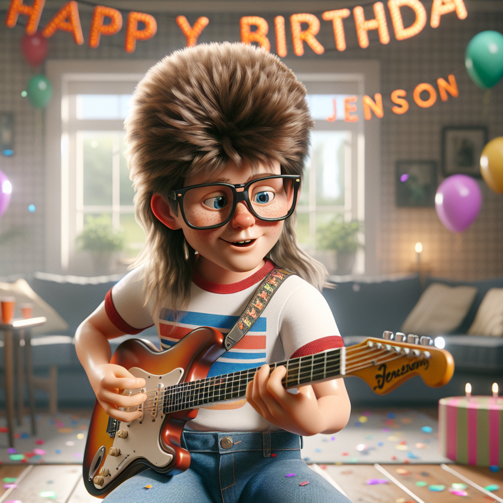 This wholesome scene depicts a birthday party in a realistic style. At the center of attention is a Caucasian boy named Jenson, sporting a retro mullet haircut. He's engrossed in performing an enthusiastic solo on his electric guitar. The glasses perched on his nose magnify his eyes, which gleam with thrill. The room is festively adorned with balloons and confetti. The words 'Happy Birthday Jenson' radiate prominently in the foreground, acknowledging the special day.
Generated with these themes: Boy with mullet playing electric guitar, Wearing spectacles , and Happy Birthday Jenson.
Made with ❤️ by AI.