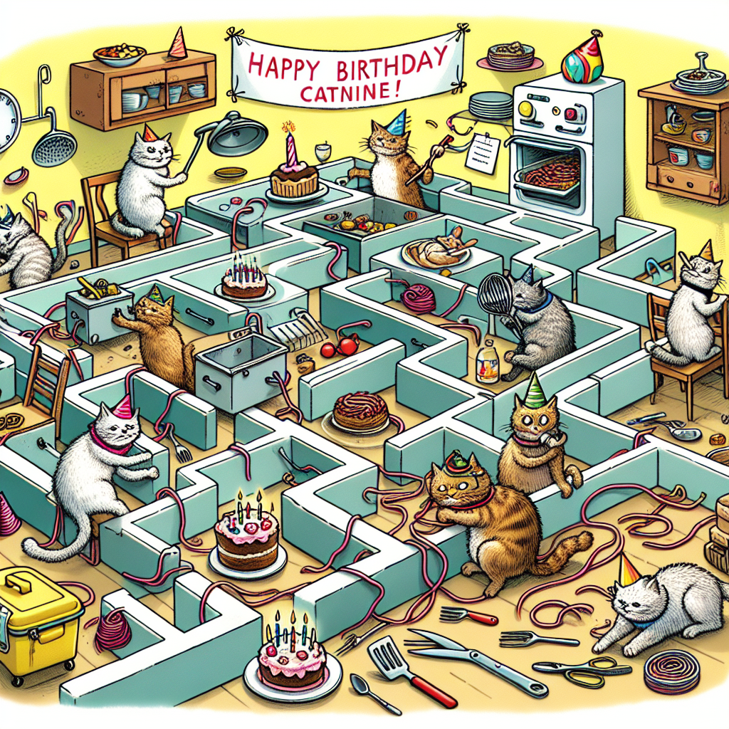 Imagine a lively birthday illustration where cats are transformed into audacious escape room enthusiasts participating in a food-themed challenge. Outfitted with small cooking tools, they traverse a labyrinth of kitchen furniture and devices, searching for hints that will reveal a plentiful birthday banquet. The situation is filled with animated chaos, bright celebration accessories, and the cats' lively faces, as some find themselves in a comical disarray involving cake dough and entangled thread. 
Generated with these themes: Cats, Cooking, and Escape rooms.
Made with ❤️ by AI.