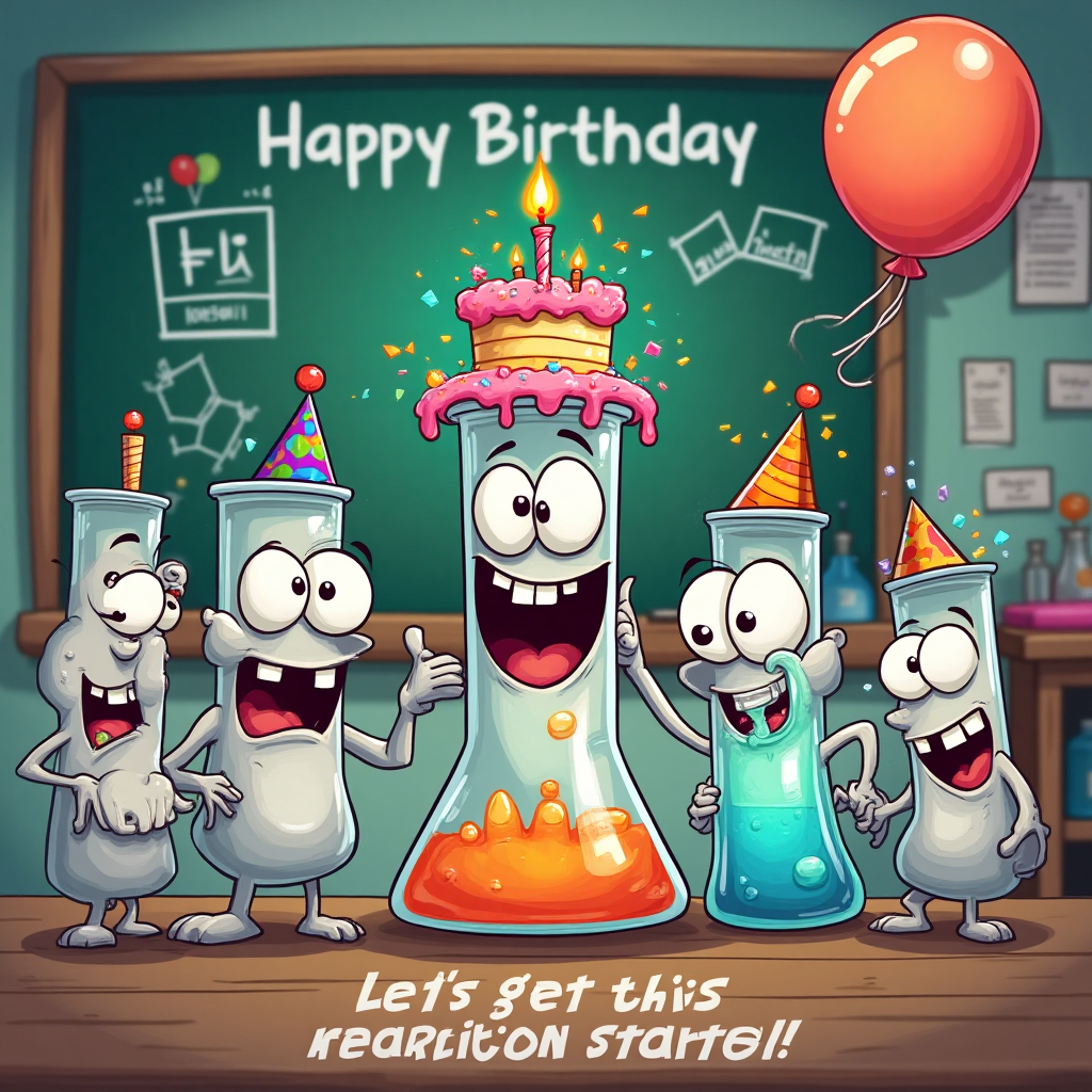 At the top of the Cartoon Style image, include the text: "Happy Birthday Mark"

**Image Description:**

Imagine a whimsical, cartoon-style laboratory scene where a group of animated, anthropomorphic test tubes and beakers are joyfully celebrating. Each character has big, expressive eyes and exaggerated smiles. One beaker, wearing a party hat, is pouring colorful, bubbly chemicals into a test tube that's balancing a tiny birthday cake on its head. The cake has one lit candle, and the test tube looks surprised but delighted.

In the background, a chalkboard is filled with humorous, wacky scientific formulas that include balloons and confetti. A cartoon periodic table hangs on the wall, with the element for "Fun" prominently highlighted. In the corner, a mischievous Erlenmeyer flask is sneaking a piece of cake, while a flask shaped like a balloon floats up with a string tied to it.

At the bottom of the image, a playful caption reads: "Let's get this reaction started!"
Generated with these themes: Chemistry, science, and .
Made with ❤️ by AI.