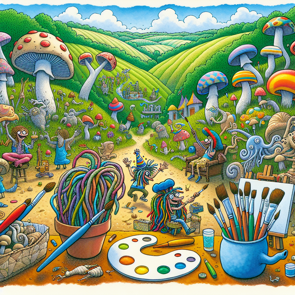 Imagine a scene of a handcrafts workshop nestled within the undulating landscapes of the lush countryside. The distinct, rich scent of mushrooms subtly intertwines with the fresh aroma of grass. Illustrate cartoon characters, each sporting unique dreadlocks that barely squeeze under funky, blues-inspired hats, engrossed in creating sculptures from sea shells for a surrealistic birthday party. Visualize paintbrushes rhythmically stroking canvases, spreading bold, bright colors to further enliven this artistic wonderland. Include playful sea creatures having a rollicking time, each adorned with a festive party hat, immersing themselves in the jubilant celebrations.
Generated with these themes: Workshop , Dreadlocks , Mushrooms, Countryside , Art, Sea shells, and Blues brothers .
Made with ❤️ by AI.