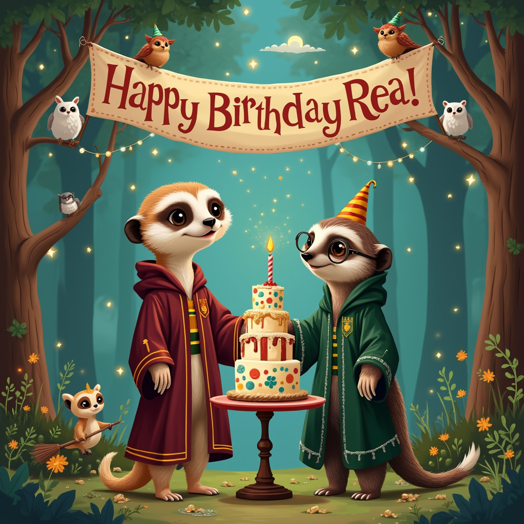 In this whimsical birthday card scene, a charming meerkat and an equally adorable sloth, both clad in Harry Potter-style robes, take center stage. The meerkat, standing upright, sports a dark maroon robe with gold trim, reminiscent of Gryffindor's colors, while the sloth dons a deep emerald green robe, adorned with silver accents, evoking the elegance of Slytherin. The sloth's round glasses are perched on its nose, giving it an intellectual and endearing look. Both characters are smiling brightly, exuding a sense of joy and camaraderie. They stand hand in hand in a magical, storybook forest clearing, surrounded by towering whimsical trees with twinkling fairy lights strung between branches.

Above them, a giant birthday banner floats in the sky, with "Happy Birthday Rea!" spelled out in playful, balloon-like letters, each letter shimmering with a touch of magic dust that sparkles under a soft, enchanted moonlight. The "Rea" part of the message is boldly accentuated with a rainbow of colors, making it pop against the backdrop of fluffy, enchanted clouds. A few owls, each wearing tiny wizard hats, perch on the banner, adding a delightful touch of the fantastical to the scene.

To the side, a small, round table hosts a towering birthday cake adorned with magical motifs like tiny broomsticks and glittering stars. The cake is surrounded by magical creatures like tiny, curious dragons and unicorns that peer with interest. This enchanting scene captures a perfect blend of whimsy and celebration, ready to bring a smile to the birthday recipient, Rea.
Generated with these themes: A cute meerkat is saying happy birthday to a cute sloth, They are both wearing Harry potter style robes, and They are both smiling, and they are both holding hands, and The sloth has glasses .
Made with ❤️ by AI.