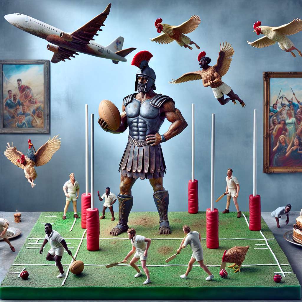 Imagine a birthday scene with a creative blend of rugby and cricket themes. The key element is a remarkable, life-sized statue of an unnamed gladiator with a rugby ball in one hand and a cricket bat in the other. Edible, realistic figures of cricket players are scattered throughout the scene, frozen in the middle of an intense match. The rugby posts are whimsically altered, curving and twisting upwards towards the sky. Paintings inspired by scenes from the classic movie 'Gladiator' can be seen covering the walls, with characters seeming to step out to join the celebration. Soaring above, roosters equipped with aviator glasses create an unusual spectacle, contrasting their normal crowing sounds with the expected noise of jet engines. The flight path of these roosters mingles with the enticing aroma of a lavish birthday feast, setting the stage for a birthday experience far removed from the everyday.
Generated with these themes: Rugby, My name is doddie , Cricket, Gladiator the movie, and Rooster from Top Gun.
Made with ❤️ by AI.