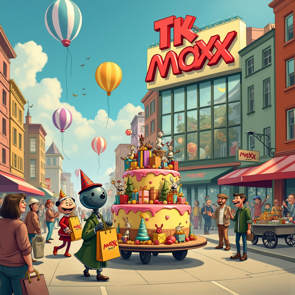 Picture a bustling cityscape that looks like it could be a cross between Schulz's "Peanuts" town and Disney's whimsical wonderlands. Imagine a sunny, vibrant day where the buildings have an old-timey charm, as if they've been pulled straight from a Hergé comic, with just a touch of Eisner's dramatic flair. 

At the center of this scene is a large TK Maxx store, with an eye-catching, oversized sign that has twinkling lights like something out of a Disney fantasy. Right in front of the store, there is a quirky parade in full swing. 

Leading the parade is a trio of cartoon characters that look like they've stepped out of a Tezuka manga: a cheerful robot with a vintage vibe, a sprightly anthropomorphic dog in a snazzy suit, and a tiny, mischievous alien. They are carrying oversized shopping bags with the TK Maxx logo, bursting with brightly wrapped birthday presents.

Behind them is a large float shaped like a birthday cake, complete with moving parts and decorated in the style of McCay's "Little Nemo in Slumberland," full of imaginative and surreal details. On top of the float, there is a choir of animated holiday decorations (like singing Christmas trees, a talking pumpkin, and a singing Easter Bunny), their mouths wide open as they belt out a festive tune.

The spectators lining the streets are a mix of Larson's zany characters from "The Far Side" and Watterson's expressive, playful humans from "Calvin and Hobbes." Some are laughing, some are caught mid-dance, and others are eagerly reaching for candy being tossed by the parade participants. There are even a few pets dressed in birthday hats and costumes, adding to the whimsical chaos.

To the right of the parade, a street vendor's cart is selling balloon animals in all shapes and sizes, manned by a character who looks like he could be from a Spiegelman or Crumb comic: slightly scruffy but endearing, with a knowing smile. Balloons float up into the sky, one even shaped like a giant shopping bag.

In the background, you can see a few buildings with whimsical details: a rooftop garden with oversized flowers and a giant teacup, and a clock tower with a face that looks like it's winking. All the while, the sky is a perfect blue, with fluffy clouds adding to the dreamy atmosphere.

Every inch of the scene is packed with detail, from the expressions on the characters' faces to the intricate designs on the buildings, making it a delightful visual feast that tells a joyful, bustling birthday story.
Generated with these themes: Singing holidays TK Maxx .
Made with ❤️ by AI.