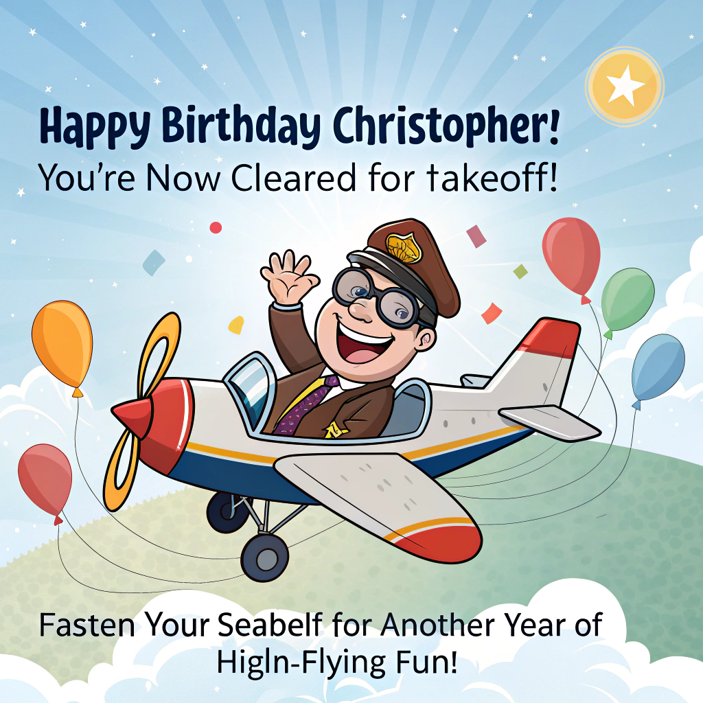 At the top of the image, "Happy Birthday Christopher: You're Now Cleared for Takeoff!"

At the bottom of the image, "Fasten Your Seatbelt for Another Year of High-Flying Fun!"

- Create a playful cartoon scene featuring a quirky airplane piloted by Christopher, a cartoon character with exaggerated features and a big grin. The airplane is decked out with colorful party decorations and balloons, soaring through a sky dotted with fluffy clouds and a shining sun. The airplane's tail sports a birthday banner waving in the wind.
Generated with these themes: Aeroplanes, and .
Made with ❤️ by AI.