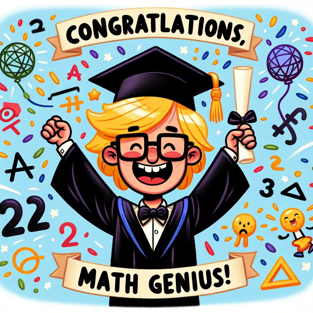 Create a humorous cartoon illustration featuring a young, ecstatic blonde Caucasian man in a graduation cap and gown, clutching his mathematics degree. A shower of colorful confetti rains down on him as quirky mathematical symbols dance around him in joy. In the background, a banner proudly exclaims 'ConGRADulations, Math Genius!' in bold, playful letters.
Generated with these themes: Young blonde, happy man graduating with a maths degree.
Made with ❤️ by AI.