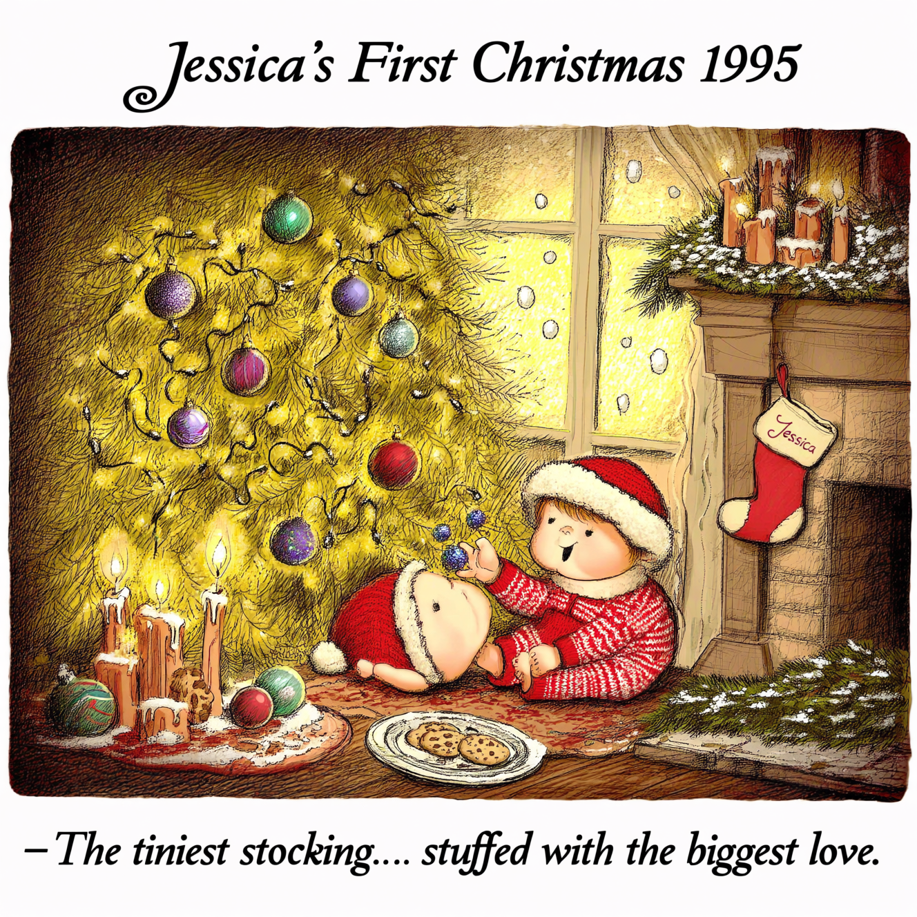 At the top of the image, "Jessica's First Christmas 1995"  

At the bottom of the image, "The tiniest stocking… stuffed with the biggest love."  

— In the center, illustrate a cozy, hand-drawn Christmas living room scene in warm, textured colors: a twinkling tree draped with colorful baubles and strands of tinsel, glowing fairy lights casting a soft golden hue, and under the tree, a plump baby in a red-and-white knit onesie (Jessica), giggling as she reaches for a glittery ornament. Beside her, a tiny stocking embroidered with “Jessica” hangs from the mantel, surrounded by chunky candles and evergreen garlands dusted with snow. Snowflakes drift softly outside the frosted window, and a plate of half-eaten cookies sits waiting for Santa. The whole scene should feel whimsical, heartwarming, and full of festive wonder.
Generated with these themes: Jessica's First Christmas 1995, and .
Made with ❤️ by AI.