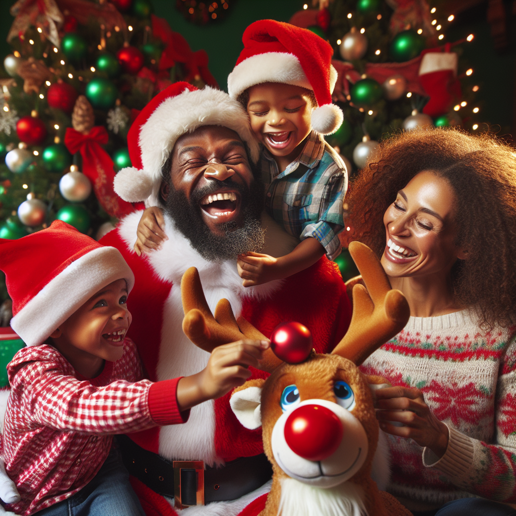 In this whimsical Christmas illustration, a black Santa is sharing a hearty laugh with a family of four as one of the two young boys playfully places a Santa hat on a reindeer's head. The other boy is engaged in a friendly tug-of-war with a second reindeer's red nose, while their parents joyfully capture the moment on camera.
Generated with these themes: Reindeer , Black santa, and Family of 4 with two boys.
Made with ❤️ by AI.