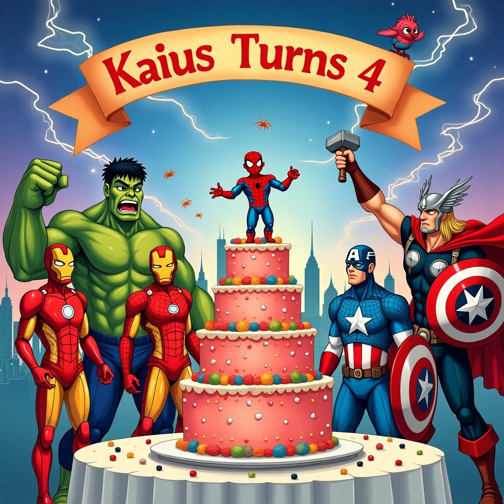 The cover of this birthday greeting card features a whimsical and detailed illustration that combines the classic charm of Norman Rockwell with the playful expressiveness of Quentin Blake. 

**Foreground:** 

At the center, we have a lively birthday scene. A cake, tiered and decorated in shades of red and blue with white webbing accents, takes center stage. It resembles Spider-Man's iconic costume, with a small edible figurine of Spider-Man himself perched atop, striking a signature web-shooting pose.

**Characters:**

Surrounding the cake are a group of hand-drawn Avengers in a playful, exaggerated style reminiscent of Maurice Sendak. Iron Man stands to the left of the cake, his armor detailed with an intricate, almost Beardsley-esque linework, yet maintains the vivid colors of red and gold. On the right, the Hulk is depicted mid-laugh, his green skin intricately shaded and full of energy, his massive arms raised in a comical flexing pose.

Nearby, Captain America holds his shield high, rendered with a mix of realistic and cartoonish elements, the star on his shield gleaming brightly. Behind them, Thor is captured in a dynamic stance, his hammer Mjolnir raised, with crackles of lightning drawn in swirling patterns, as if alive on the page.

**Background:**

The background consists of a vibrant, dreamlike cityscape inspired by Maxfield Parrish, with skyscrapers in fantastical shapes and hues of deep purples and rich blues, fading into a starry sky above. Swirling clouds drift through the sky, rendered in soft, gentle strokes, reminiscent of Arthur Rackham's touch. 

**Banner and Text:**

Above the scene, a bold banner unfurls across the sky, reminiscent of Gustave Doré's sweeping illustrations. It's held aloft by cartoonish birds—one a tiny red-and-blue spider-bird with webbed wings. The banner reads, in playful, childlike letters, "Kaius Turns 4", with "Kaius" in bold red and "Turns 4" in a bright, cheerful blue. 

**Additional Details:**

Around the scene, tiny details abound—a mini Ant-Man is scaling the cake's side, while Hawkeye and Black Widow are at the base, using toy bow and arrows and gadgets to playfully decorate the scene. Each Avenger is drawn with their iconic costumes and features, but with exaggerated, joyful expressions that add a sense of humor and light-heartedness, making it a perfect celebration of Kaius turning four.
Generated with these themes: Avengers with spiderman.
Made with ❤️ by AI.