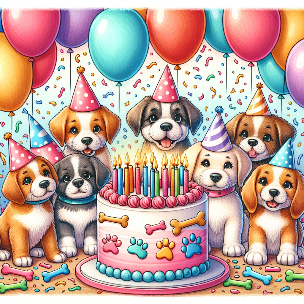 An illustration filled with vibrant colors, celebrating a birthday party theme. Picture an adorable group of puppies from different breeds, each donning a party hat. They are all huddled around a delicious cake that's topped with decorations that take the forms of bones and paw prints. Adding to the joy and celebration, imagine festive balloons bobbing in the background, sprinkled with a shower of confetti all around. The playful atmosphere of the setting captures a sense of festive fun.
Generated with these themes: Puppies .
Made with ❤️ by AI.