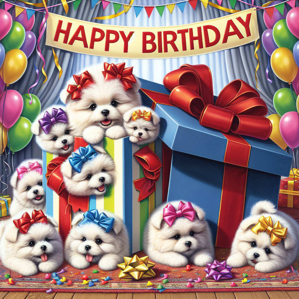 An endearing birthday celebration scene showcasing fluffy puppies adorned with bright bows, playfully interacting around an oversized present. The backdrop is festooned with colorful streamers and a prominent banner displaying the message: 'Happy Birthday.' The surprise element is magnified by one of the pups humorously emerging from the gift box, heightening the appeal and allure of the illustration.
Generated with these themes: Puppies .
Made with ❤️ by AI.