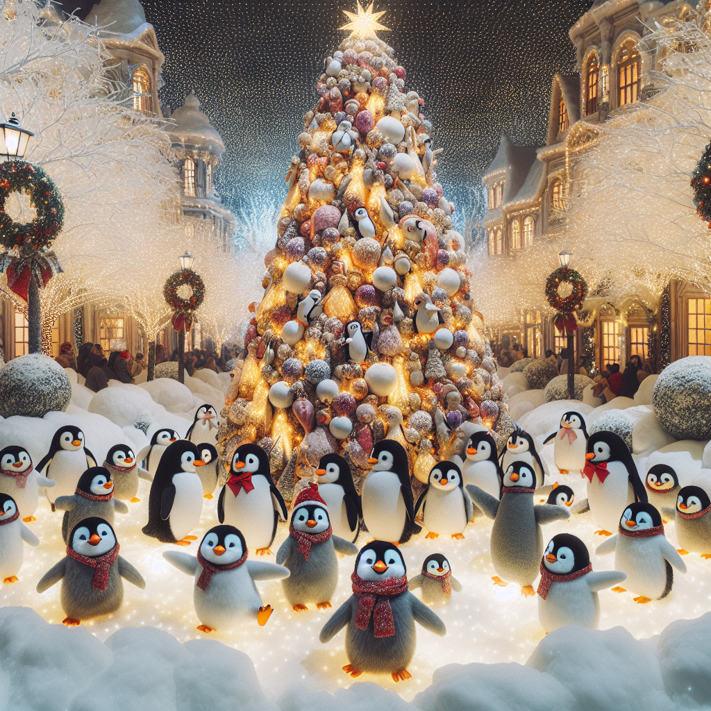 In a whimsical, snowy scene, a group of playful penguins gathers around a lavishly decorated Christmas tree in the center of an icy square. Fairy lights weave through the branches, illuminating the happy expressions of the penguins as they don festive scarves and hats. A soft blanket of snow covers the ground, and cheerful holiday wreaths hang from the surrounding lampposts, completing the festive atmosphere.
Generated with these themes: christmas tree.
Made with ❤️ by AI.