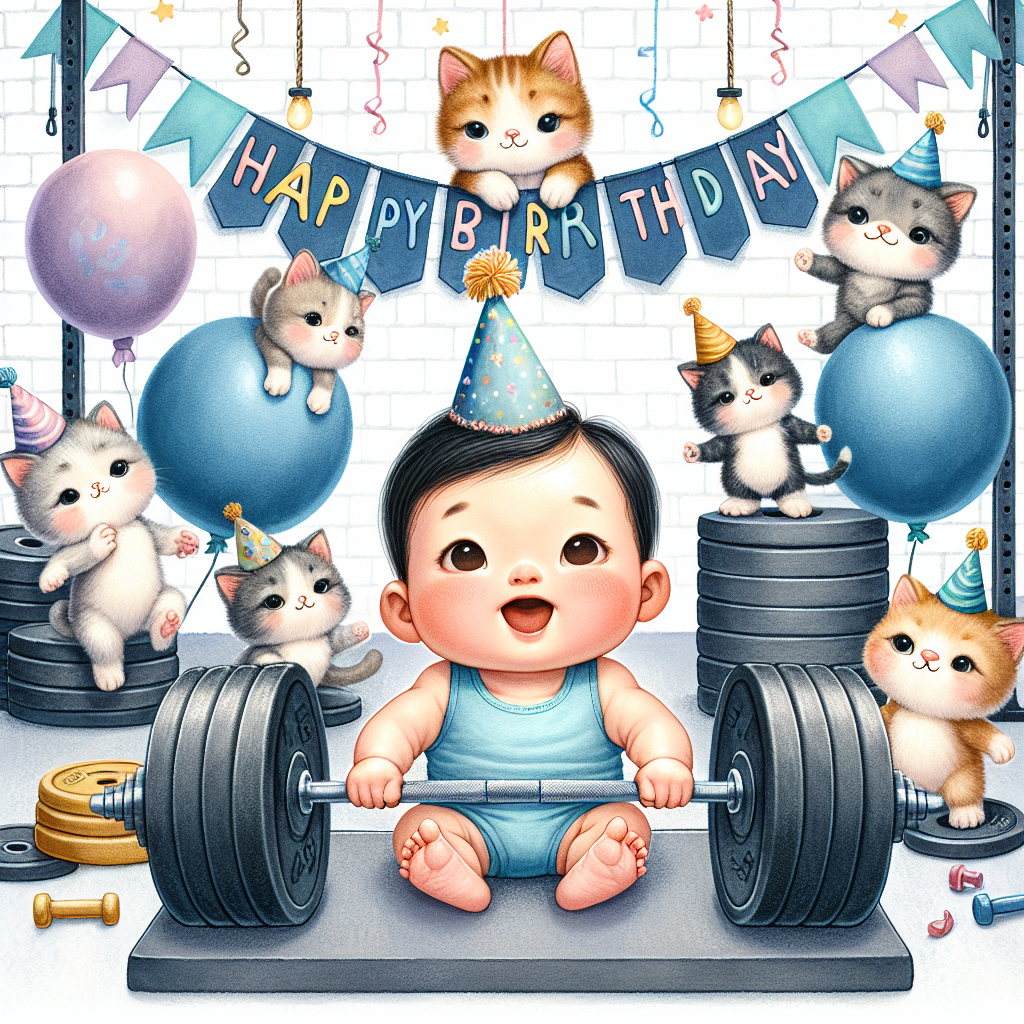 Create an adorable birthday themed illustration. The scene is set in a whimsical Crossfit gym. In the center is an Asian baby boy, wearing baby-blue clothing, humorously attempting to lift a lightweight dumbbell. Around him are kittens adorned in party hats, joyfully cheering him on, positioned on top of stacks of weight plates. A cat-shaped piñata hangs invitingly from the ceiling, ready to burst with treats. A gym-themed birthday banner proudly stretches across the top of the scene, announcing the cause for celebration.
Generated with these themes: Crossfit, Cats, and Baby boy.
Made with ❤️ by AI.