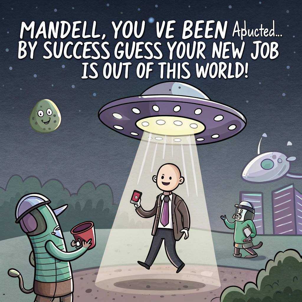 At the top of the image, "Mandell, you’ve been abducted... by success—guess your new job is out of this world!"

– Illustration idea: A cheerful cartoon alien spaceship beams Mandell (drawn as a smiley human in a business suit, holding a coffee mug that says “#1 New Recruit”) into a flying saucer office full of quirky aliens wearing ties, party hats, and typing on glowing holographic keyboards. One alien hands Mandell an “Intergalactic Promotion” balloon. Planets, moons, and office supplies float in the zero gravity background.
Generated with these themes: Alien, and New Job.
Made with ❤️ by AI.