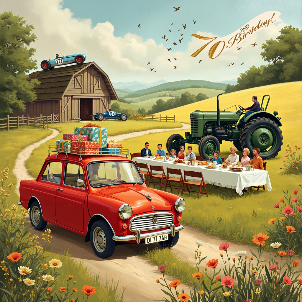 The front cover of the birthday greeting card is a rich tapestry of whimsical yet solemn detail, embodying the themes of tractors, Hillman Imp cars, Formula One racing, and a 70th birthday. The scene is set in a serene countryside, with rolling hills painted in soft hues of green and gold. In the foreground, a vibrant red Hillman Imp car, lovingly restored to mint condition, is parked with its door open, revealing a stack of colorful wrapped presents on the back seat. Beside it, a majestic, antique tractor in an elegant shade of forest green stands tall, its polished chrome glinting in the gentle sunlight.

A winding dirt path leads from the Hillman Imp and tractor towards a rustic barn, its weathered wooden planks etched with years of stories. Perched atop the barn's roof is a vintage Formula One race car in bold blue and white, seemingly ready to race off into the clouds. This car, a nod to the classic 1960s models, is detailed with a #70 emblazoned on its side, signifying the milestone birthday.

In the middle distance, a joyous 70th birthday picnic is underway. A long wooden table, covered with a white linen cloth and adorned with wildflowers, is laden with a bountiful spread of food. A beautifully decorated cake with "70" in large, golden numerals stands as the centerpiece. Surrounding the table, family and friends, depicted in the charming, slightly exaggerated style reminiscent of Quentin Blake, are gathered in celebration. They are captured in animated conversation, their laughter almost audible.

The sky above is a canvas of soft pastels, with delicate clouds sketched in fine detail, reminiscent of Arthur Rackham's ethereal works. In the top right corner, a banner unfurls, carried by a flock of birds, spelling out "Happy 70th Birthday!" in flowing, whimsical script, drawing inspiration from Beatrix Potter’s playful touch.

Every element in the scene is rendered with a nod to the intricate, storytelling detail of Norman Rockwell and the fantastical whimsy of Maurice Sendak, ensuring the card is not just a greeting but a visual narrative celebrating a significant milestone.
Generated with these themes: Tractors , Hillman imp cars, Formula one racing , and 70th birthday.
Made with ❤️ by AI.