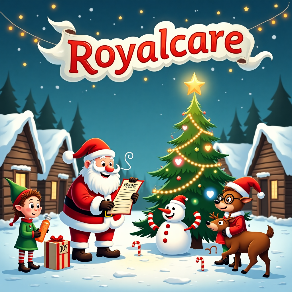 In the snowy heart of a bustling, festive village, a lively cartoon scene unfolds. A jolly Santa Claus, with an exaggeratedly long list of names, is checking off tasks while surrounded by his quirky elf helpers. These elves, each with oversized hats and pointed shoes, are engaging in comically exaggerated acts of care - one elf is hilariously wrapping an enormous, wiggling Christmas gift labeled "JOY," while another is playfully nursing a baby reindeer with a massive bottle of milk. Nearby, a whimsical snowman with a care-bear nurse cap and stethoscope around its neck is handing out candy canes as prescriptions to giggling children dressed in holiday sweaters.

In the foreground, an elf is being helped by an elderly reindeer with spectacles, showcasing a delightful twist on caregiving roles. They're both decorating a towering Christmas tree, which is adorned not with typical baubles, but with playful icons of the caregiving world - band-aids, mini crutches, and sparkling heart-shaped stethoscopes. 

Hovering above this bustling scene is the name "Royalcare" written in twinkling, fluffy clouds that curve through the night sky, resembling a whimsical, sparkling banner. The stars around it twinkle brightly, forming a constellation of care-themed shapes such as a heart, a pill bottle, and a wheelchair, bringing a touch of magic to the scene. In the background, wooden cabins decorated with luminous strings of lights complete the cozy village setting, with gentle snowflakes falling like confetti over the cheerful characters below. This card tells a playful and heartwarming tale of care and community during the festive season.
Generated with these themes: its a care company.
Made with ❤️ by AI.