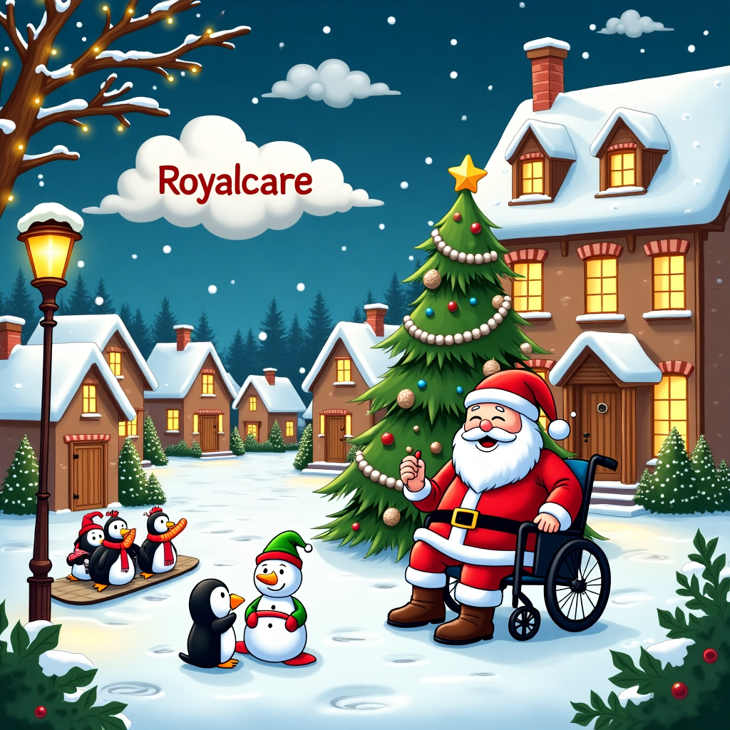 The scene unfolds in a bustling, cartoon-style North Pole village, reminiscent of a blend between Charles Schulz's whimsical Peanuts and Walt Disney's classic animations. The setting is a snow-covered care home nestled among gingerbread houses, each window glowing warmly against the frosty backdrop. Outside, cheerful snowmen resembling the staff and residents of the care company are busy decorating a giant Christmas tree, laden with colorful baubles and twinkling lights. 

In the foreground, an anthropomorphic reindeer in a nurse's uniform, complete with a stethoscope, is playfully wrapping a scarf around a jolly Santa Claus who sits contentedly in a wheelchair, his sack of gifts peeking out from behind. Next to Santa, an elf dressed as a caregiver is helping a little snowman fix his fallen carrot nose, illustrating the essence of care and companionship.

Above this lively scene, the sky is a rich, velvety blue, dotted with swirling snowflakes and shimmering stars. In the sky, the clouds artistically form the name "Royalcare" in playful, fluffy letters, as if etched by a mischievous wind. This adds a personal touch to the card, ensuring that the recipient's name is an integral part of the festive story. To the left, a mischievous group of penguins slide down a snowy hill on a sled shaped like a hospital bed, laughter frozen in their breaths, while a pair of red-nosed reindeer share a steaming mug of cocoa beneath a streetlamp adorned with holly.

The entire scene is framed by a border of evergreen boughs and twinkling fairy lights, adding a festive sparkle that complements the humor and warmth of the cartoon.
Generated with these themes: its a care company.
Made with ❤️ by AI.