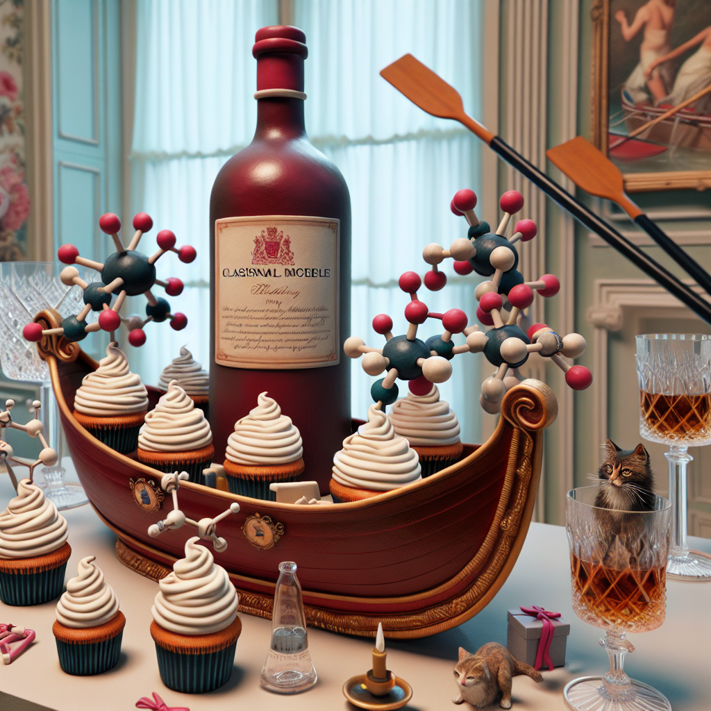 Imagine a refined and sophisticated birthday setting with an exquisite centerpiece - a realistic cake fashioned in the likeness of a classical red wine bottle. In this scene, smaller cupcakes garnished to mimic intricate molecular structures should be apparent, symbolizing a celebratory nod to science. There should be crystal glasses filled with a luxurious whiskey, defining the upscale ambience. Cat motifs should be subtly interspersed throughout the space via decorations and plush toys, indicating an appreciation for feline companions. The room should also be embellished with rowing oars and downscaled boats, signaling a fervor for the serene yet demanding sport of rowing.
Generated with these themes: Red wine, Gentleman jack, Cats, Chemistry, and Rowing.
Made with ❤️ by AI.