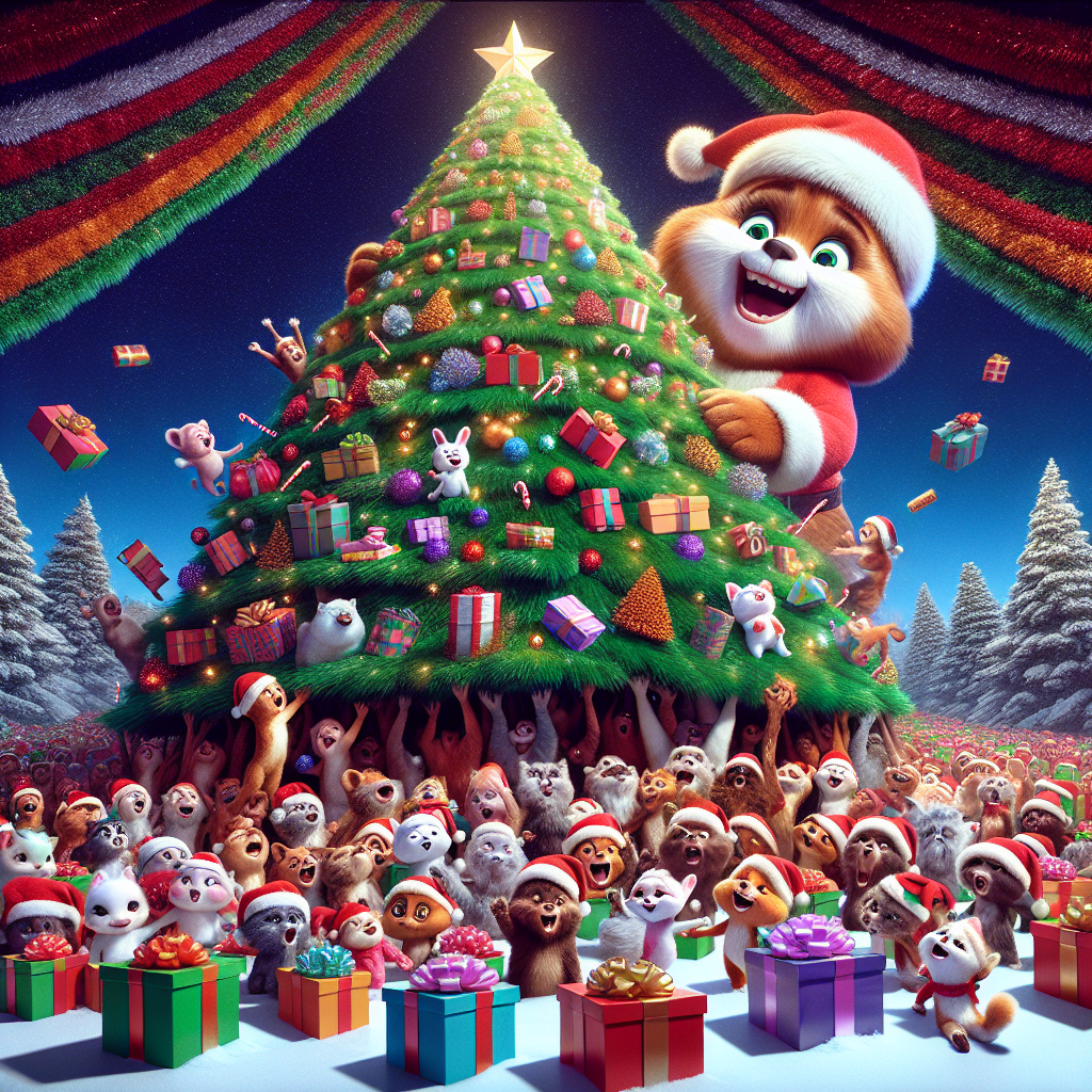 Beneath a comically oversized Christmas tree, cartoon animals in Santa hats gleefully unwrap a dizzying array of presents, with some boxes even larger than themselves. The tree, festooned with tinsel and candy canes, towers above the joyous commotion.
Generated with these themes: cristmas tree a lot of present.
Made with ❤️ by AI.
