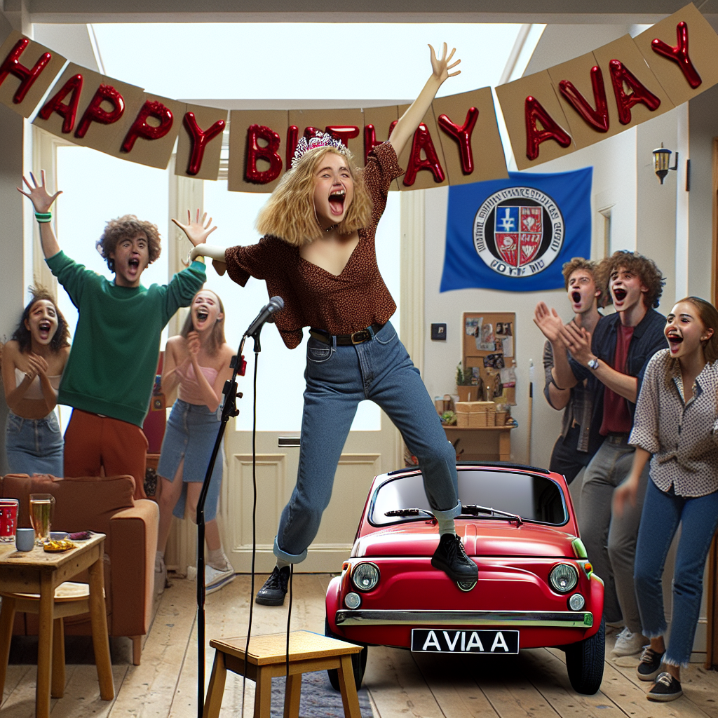 Generate an image featuring a jovial birthday scene in a student apartment. The center of attention is a 19-year-old blonde Caucasian girl joyfully performing a musical theater act on a homemade stage, with a sign that reads 'Happy Birthday Ava', adding a personal touch. In the crowd, there's a young man with curly brown hair dressed stylishly, who's cheering excitedly. Background elements include a university emblem and an attractively depicted red compact car, possibly a Fiat 500, parked outside the flat, indicating aspects of the girl's lifestyle while establishing a pleasant and relatable birthday theme.
Generated with these themes: 19 year old blonde haired girl singer doing musical theatre on a stage in a student flat, Happy Birthday Ava sign, Harry Styles, University, and Red fiat 500 car.
Made with ❤️ by AI.