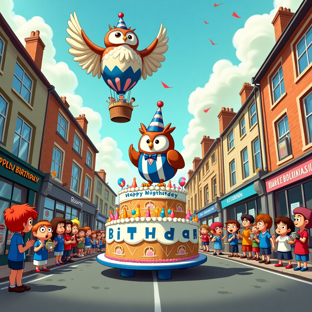In the vibrant heart of a cartoon Sheffield, the scene unfolds with a whimsical birthday parade led by none other than the Sheffield Wednesday mascot, Ozzie Owl. He's decked out in a jaunty party hat and a dazzling blue and white striped bow tie, echoing the beloved team colors. Ozzie is perched atop a fantastical float shaped like a giant birthday cake, complete with icing details and flickering candle cutouts. Each layer of the cake features cartoon depictions of iconic Sheffield landmarks, like the Winter Garden and the Town Hall, giving it a sense of place.

As the parade marches on, the street is bustling with cartoon characters inspired by the quirkiness of Gary Larson’s The Far Side. We see a band of jubilant cartoon owls, each wearing Sheffield Wednesday jerseys, playing miniature musical instruments—a tiny trumpet, a drum, and a kazoo. They march in sync, their faces animated with exaggerated expressions of glee. To their left, there's a line of bouncing footballs with googly eyes, reminiscent of Bill Watterson's lively inanimate objects, adding a playful touch to the procession.

In the background, shop fronts are adorned with Sheffield Wednesday memorabilia, with posters celebrating the team's achievements fluttering in the gentle breeze. In a nod to the classic art of Winsor McCay, the sky is a swirl of soft pastels, creating a dreamy backdrop that adds depth and dimension to the scene. Above the float, a hot air balloon, shaped like a giant owl with Sheffield Wednesday's logo on its chest, drifts leisurely, its basket occupied by cartoon characters waving colorful banners that spell out "Happy Birthday!" in bold, cheerful letters.

The street is lined with cartoon spectators of all shapes and sizes, channeling the multicultural essence of Osamu Tezuka’s character designs. They’re all clapping and cheering, with some holding oversized foam fingers pointing towards the parade. One character, in particular, stands out: a young girl with bright red hair and freckles, wearing a vintage Sheffield Wednesday scarf, holding a little Astro Boy toy in her hand—an Easter egg nod to Tezuka.

The whole scene is bustling with energy, details interwoven with nods to various artistic inspirations, making it a delightful visual story that captures the essence of a birthday celebration infused with Sheffield Wednesday spirit.
Generated with these themes: sheffield wednesday.
Made with ❤️ by AI.