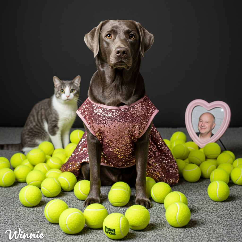 ### Image Prompt

At the bottom of the photorealistic picture taken from a camera image, the text reads: **Winnie**.

Create an ultra-high-definition 4K UHD photograph that captures a whimsical birthday scene perfect for a greeting card. Imagine a dark grey Labrador wearing a sparkly pink dress, sitting with an air of elegant joy. Her dress glimmers with glitter, catching the light in a mesmerizing way. Surrounding her are an array of tennis balls, each meticulously arranged to add a playful atmosphere. In the background, subtly peeking out is a grey and white cat, adding a hint of mystery to the composition.

Perched delicately nearby is a heart-shaped photo frame containing a picture of a bald man, bringing a touch of humor and warmth to the scene. The image should possess accurate lighting, lifelike textures, and a rich depth of field, immersing the viewer in a scene that feels both real and charmingly surreal. The mood is cute and celebratory, embodying the joyous essence of a birthday celebration.
Generated with these themes: Tennis Balls, Chasing birds, Her ball on a rope, Doggy treats, PInk and Purple, Glitter, Dark Grey Labrador, Aged 4, and .
Made with ❤️ by AI.