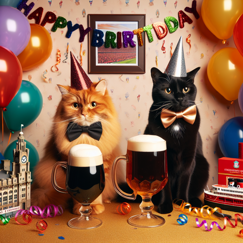 The birthday scene features two feline stars: A fluffy ginger cat, whimsically entwined in shiny party streamers, and an elegant black cat graced with a dapper, silk bow tie. They raise their glass pint mugs filled with a dark, frothy beverage for a celebratory toast. Surrounding them are popular symbols associated with Liverpool, such as a small-scale model of Anfield stadium and an image of the iconic Mersey Ferry, providing a local cultural context. The festive backdrop pops with vibrant party balloons and colorful birthday streamers floating in the air.
Generated with these themes: Fluffy ginger cat, black cat in bow tie, pint of guiness, liverpool.
Made with ❤️ by AI.