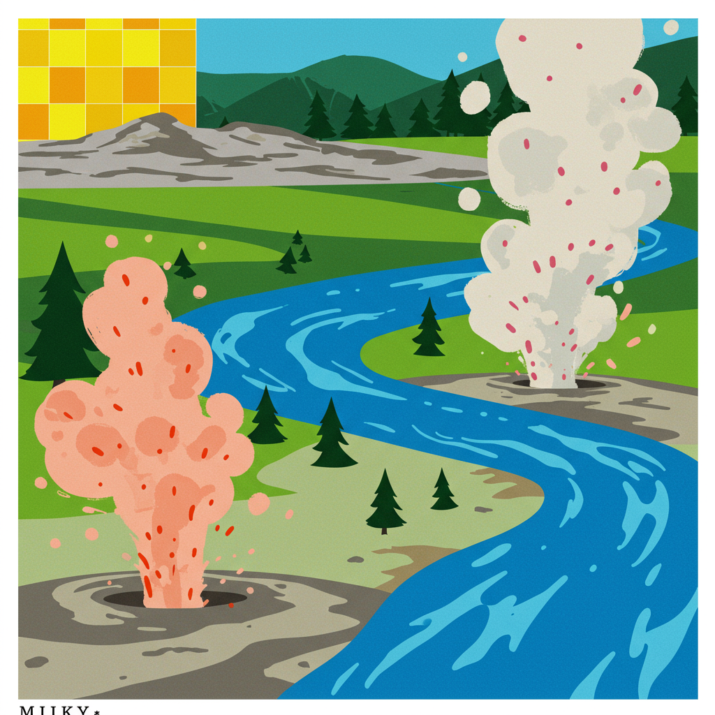 At the bottom of the Abstract Style image, the text reads: **Miky**.

Create a lively and colorful abstract composition inspired by Yellowstone Park. Imagine geometric shapes representing the vibrant landscape: a mosaic of bright yellow squares as the sun, sweeping green curves embodying lush forests, and bold, dynamic blue strokes to evoke the rushing rivers. Interspersed with playful, abstract depictions of geysers erupting in joyful bursts of pink and orange. The overall composition is an energetic celebration of nature's wonders, with a whimsical touch, perfect for a cheerful birthday greeting.
Generated with these themes: Yellowstone park, and .
Made with ❤️ by AI.