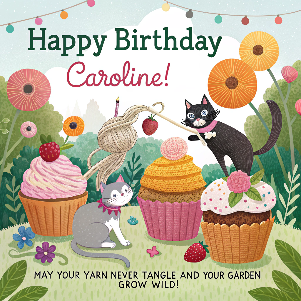 At the top of the image, "Happy Birthday Caroline!":

At the bottom of the image, "May your yarn never tangle and your garden grow wild!"

- In the center of the image, create a whimsical scene featuring a garden overrun with playful cats, some tangled in balls of colorful yarn while others are perched atop giant cupcakes. Add details like crochet flowers mingling with real blooms and a cheeky cat with frosting on its nose, eyeing a freshly baked pie cooling on a windowsill.
Generated with these themes: Cats, Crochet, Gardening, Baking, and .
Made with ❤️ by AI.