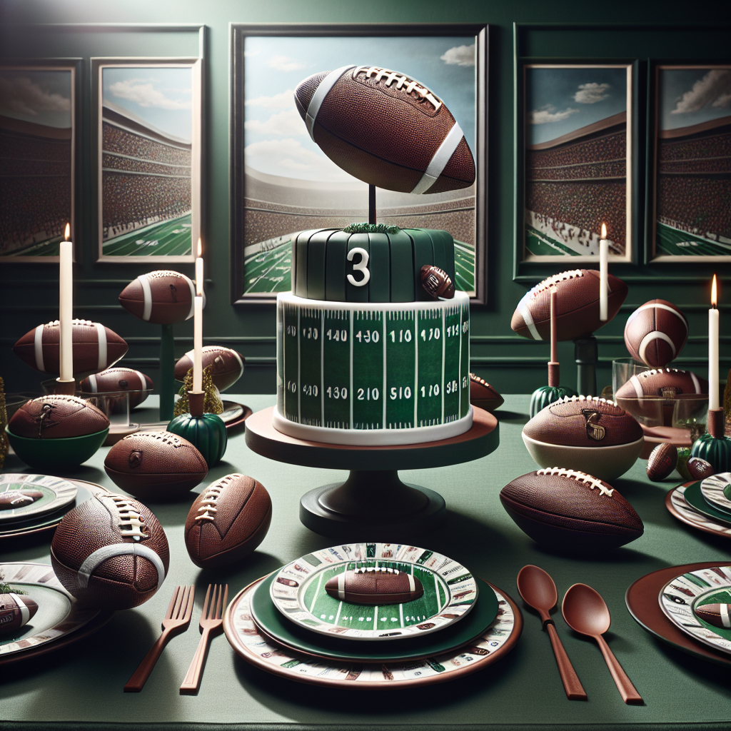 Visualize a scene of an elegant birthday celebration with the theme revolving around American football. The central piece is a highly detailed pigskin football, with accompanying tableware like plates and napkins that sport illustrated images of footballs and fields. The spaces are decorated with realistic miniature football figurines, all suggestive of a profound love for the sport. The color scheme predominantly includes deep green and pigskin brown colors, highlighting an ambiance of sophistication over a usual kid's party. A three-layer cake uniquely designed to mimic stacked footballs arrests attention, crowned with a solitary, meticulously designed football candle.
Generated with these themes: Football.
Made with ❤️ by AI.