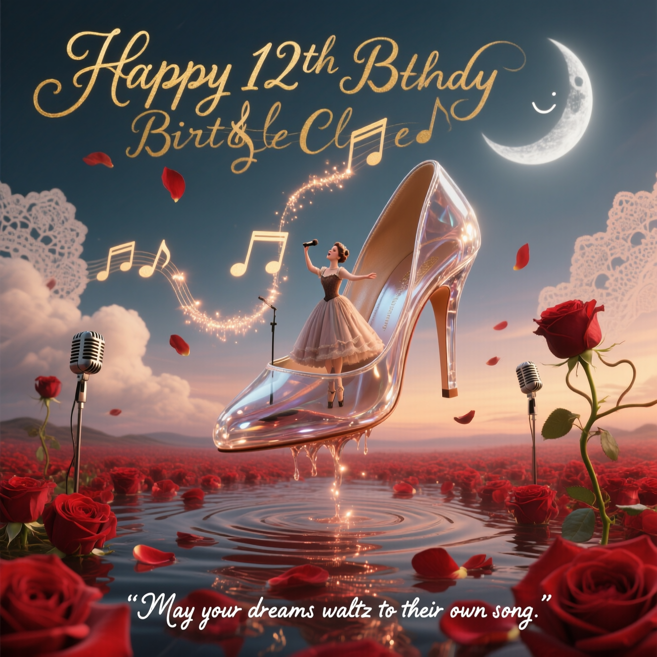 At the top of the Surreal Style image, write in elegant, swirling golden script: **Happy 12th Birthday Celeste**.  

A dreamlike, romantic scene unfolds: a giant pair of shimmering glass high-heeled shoes float above a sea of crimson red roses, their petals melting into ripples that turn into musical notes drifting upward. The shoes are open like opera stages, where tiny figures in vintage couture gowns sing with passion, their voices forming visible ribbons of glowing stardust in the warm, otherworldly twilight sky. In the distance, a pale crescent moon wears a soft smile, and its silver light glints off rose petals as they twirl mid-air like ballet dancers. The landscape blends into impossible perspectives — rose stems twist into microphone stands, and clouds take the shape of elegant lace patterns.  

Small text at the bottom, in delicate handwritten white: *“May your dreams waltz to their own song.”*
Generated with these themes: Shoes fashion singing red roses, and .
Made with ❤️ by AI.