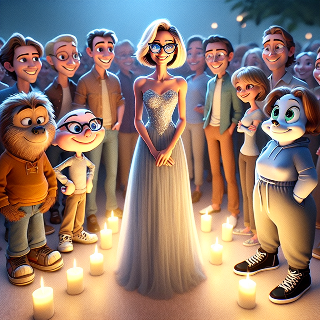 Visualize a blend of past and present in this whimsical scene, featuring a group of well-loved anthropomorphic cartoon characters gathered around the soft light of scented candles. Standing out among them is a slender woman with an elegant blonde bob. Fashionable glasses accentuate her face. She's stylishly dressed in a princess gown, which is intriguingly partnered with casual sneakers. Her smile is warm and gracious, a perfect embodiment of the fusion of traditional elegance and contemporary comfort. Surrounding her are these animated icons, expressing their heartfelt gratitude.
Generated with these themes: Disney characters, Scented candles, and Slim woman with blonde bob hair and glasses wearing princess gown and sneakers.
Made with ❤️ by AI.