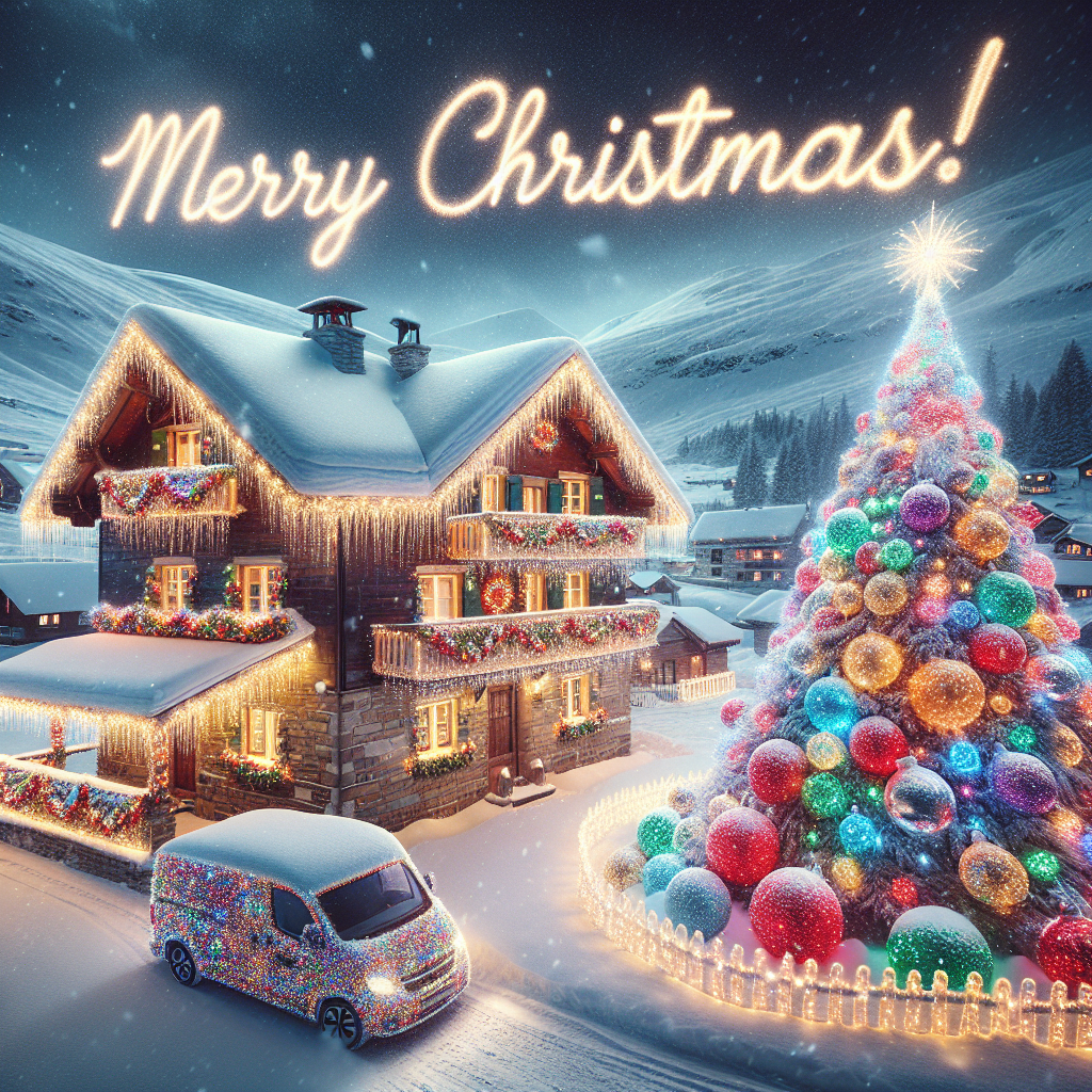 An inviting mountain cabin, blanketed in snow, sets the stage for this funny Christmas-themed illustration. Beside the cabin, a sparkling Christmas tree competes for attention with its vibrant decorations, whilst a Renault Master van wears a coat of Christmas lights like a garment of holiday cheer. The caption 'Merry Christmas!' is etched into the frosty air, hanging festively overhead.
Generated with these themes: Cabin in the snowy mountains, Christmas tree, and A renault master parked next to cabin with christmas lights on it.
Made with ❤️ by AI.