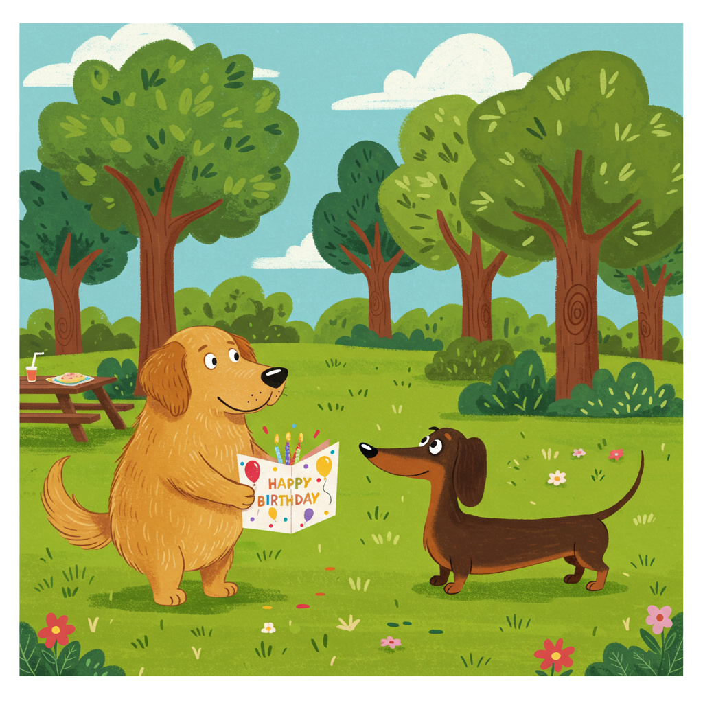 The front cover of the greeting card is a whimsical, cartoon-style scene set in a vibrant, grassy park. Two dogs are the focal point, each drawn with exaggerated features that blend the styles of classic cartoonists.

The first dog, a plump and friendly Golden Retriever, stands on its hind legs on the left side of the card. It has an oversized, round snout and large, floppy ears that frame its face. The dog's fur is rendered in rich shades of gold, with subtle highlights of honey and caramel, giving it a warm and inviting appearance. In its paws, it clutches a bright, colorful birthday card, which it is extending towards the other dog. The card is decorated with cheerful balloons and confetti, in shades of red, blue, and yellow, with the words "Happy Birthday" prominently displayed in a bold, playful font.

The second dog, a slender and lively Dachshund, stands eagerly on the right side of the card. It is illustrated with a long, elongated body and tiny, perky ears, its eyes wide with exaggerated excitement. Its coat is a glossy, deep brown, with hints of chestnut highlighting its sleek, animated form. The Dachshund's tail is a curly, looping line, almost like a spring, conveying a sense of dynamic energy.

Behind the dogs, the background depicts a lush park scene. Large, cartoonish trees with exaggeratedly round, leafy canopies fill the skyline, painted in varying shades of vibrant green. Their trunks are a warm, inviting brown, with whimsical, spiraling knots. A soft, azure sky stretches across the top of the card, dotted with fluffy, oversized clouds that seem to bounce like marshmallows. The ground is a patchwork of lively, green grass with scattered, stylized flowers in hues of pink, purple, and orange adding a splash of additional color to the scene.

In the distance, a wooden picnic table is partially visible, adorned with a brightly colored tablecloth that matches the festive theme, in bold stripes of red, yellow, and blue. A few more cartoonish balloons are tied to the table, gently swaying in the imagined breeze.

The overall composition, with its exaggerated proportions and vibrant color palette, draws clear inspiration from the likes of Charles Schulz and Bill Watterson, melding nostalgia with a contemporary, joyful energy.
Generated with these themes: A dog handing another dog a birthday card.
Made with ❤️ by AI.