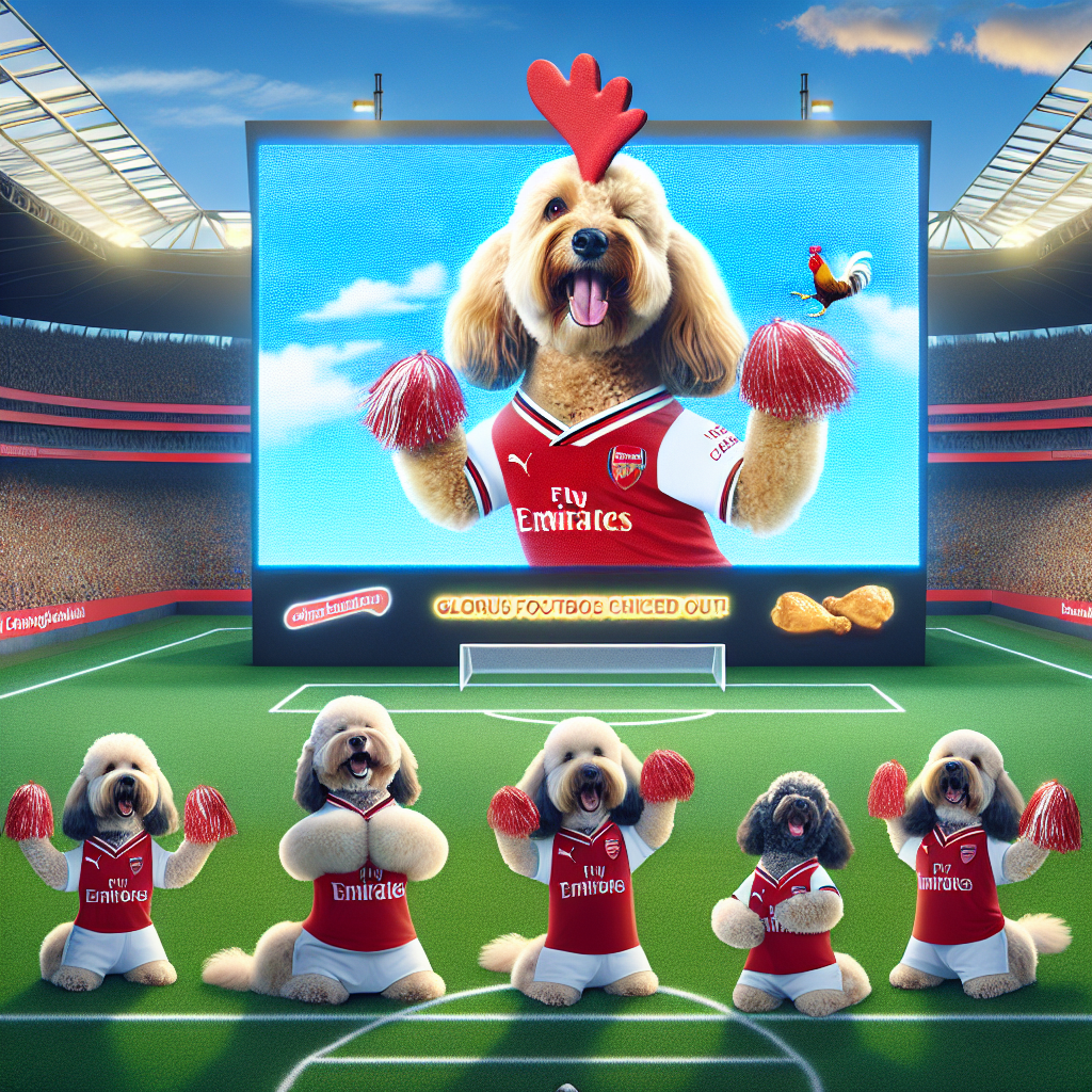 Visualize a fantastical football stadium where cockapoos are dressed in Arsenal jerseys and enthusiastically cheering with pom-poms, celebrating a great achievement on the football field. Above the stadium, a large billboard belonging to a popular fast-food chicken restaurant, symbolized by a winking rooster, is glowing. The big screen at the stadium periodically replays glorious football moments, which are likely to get trending on a popular video-sharing platform shortly.
Generated with these themes: Cockapoos, Arsenal, Football, Nandos, and Youtube.
Made with ❤️ by AI.