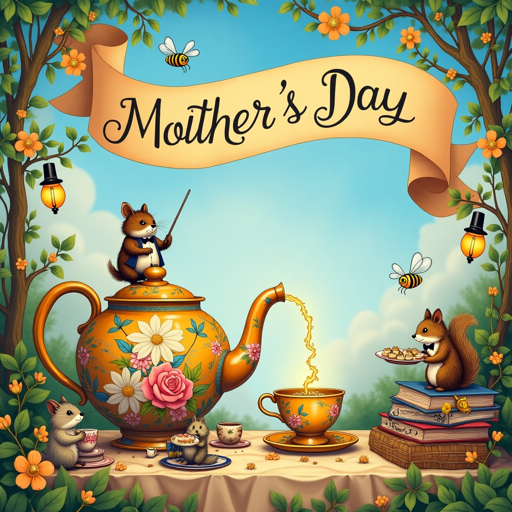 The scene takes place in an enchanting, whimsical garden setting, reminiscent of a Beatrix Potter landscape, with elements borrowed from the playful intricacies of Quentin Blake’s work. The foreground is dominated by a vibrant and slightly oversized tea set, with a teapot adorned in a patchwork of pastel florals, echoing an Arthur Rackham-styled illustration but with a pop of Maxfield Parrish's luminous color palette. The teapot is slightly tilting, humorously pouring an endless stream of golden, glistening tea into a comically large, delicate teacup, surrounded by lush greenery.

A small band of forest creatures, drawn in a detailed manner akin to Edward Gorey’s style but with the lightheartedness of Maurice Sendak, orchestrates a delightful tea party scene. There’s a hedgehog in a tiny waistcoat standing on a saucer, fiddling with a miniature violin, a squirrel with a dapper little bow tie balancing on its fluffy tail while presenting a tray of acorn cookies, and a family of mice, each wearing little hats, holding delicate china cups with exaggerated, comically oversized handles.

In the background, the sky is a swirling canvas of soft, dreamy blues and pinks, in the manner of N.C. Wyeth's majestic backdrops. A banner, reminiscent of an Aubrey Beardsley intricately patterned design, unfurls across the sky with the words "Mother's Day" elegantly inscribed in a flowing, calligraphic script. The banner is held aloft by a cluster of cheerful, cartoonish bees wearing tiny top hats, their wings glittering like stained glass under the gentle sun.

Nestled around the scene are various details: a cluster of daisies with faces cheerfully singing along with the melody, and a small stack of books with titles like "Best Mom Stories" resting against a quaint, worn-out picnic basket woven in great detail. The entire tableau is set within a frame of twisting, fantastical vines adorned with tiny bells and butterflies, drawing on the dense, storytelling style of Gustave Doré, giving a rich border to the whimsical scene.
Generated with these themes: mothers day.
Made with ❤️ by AI.